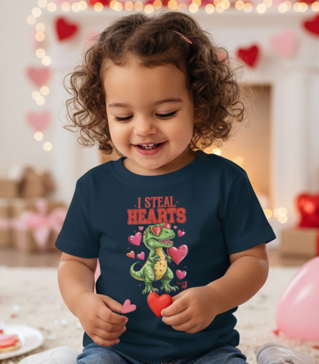 I Steal Hearts Toddler Shirt – Cute Valentine Dinosaur T-Shirt for Boys & Girls, Funny Valentine’s Day Outfit, Toddler Graphic Tee