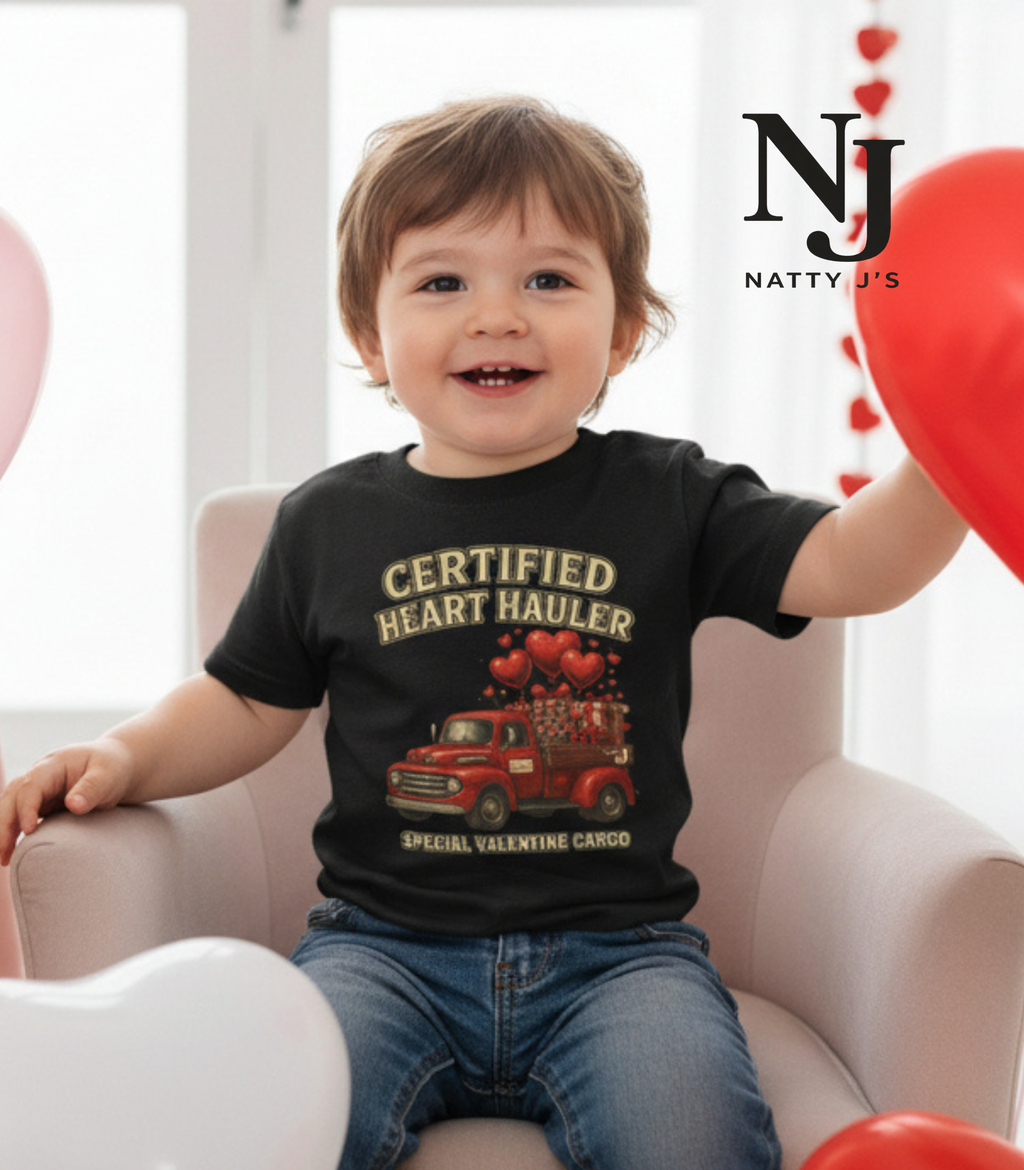 Certified Heart Hauler Toddler Shirt – Funny Valentine’s Day Toddler Tee, Cute Valentine Truck Shirt for Boys & Girls, Valentine Outfit for Toddlers