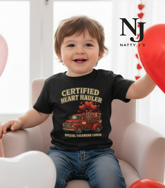 Certified Heart Hauler Toddler Shirt – Funny Valentine’s Day Toddler Tee, Cute Valentine Truck Shirt for Boys & Girls, Valentine Outfit for Toddlers
