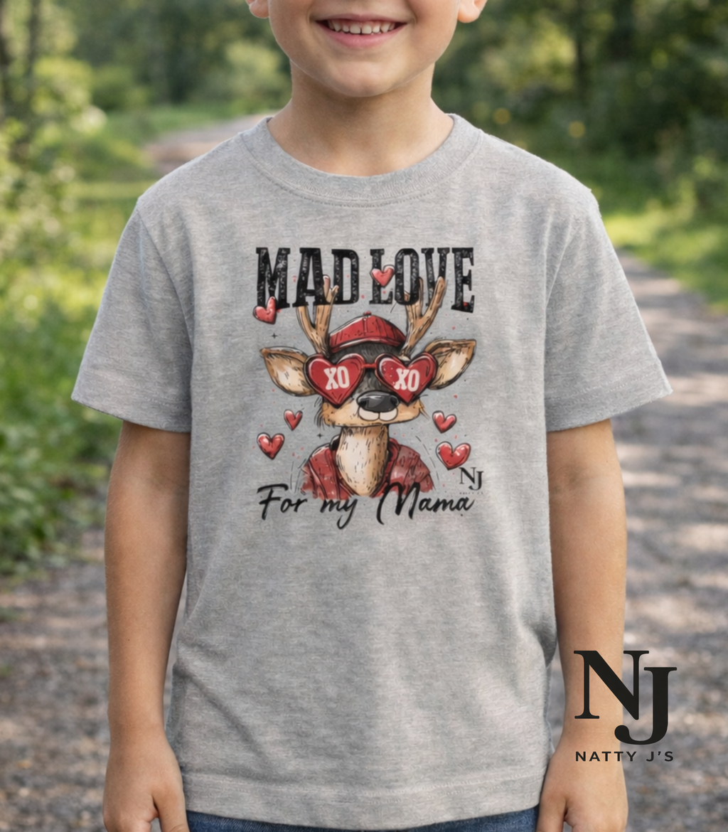 “Mad Love for My Mama” Toddler Valentine Shirt – Cute Deer Heart Graphic Toddler Tee