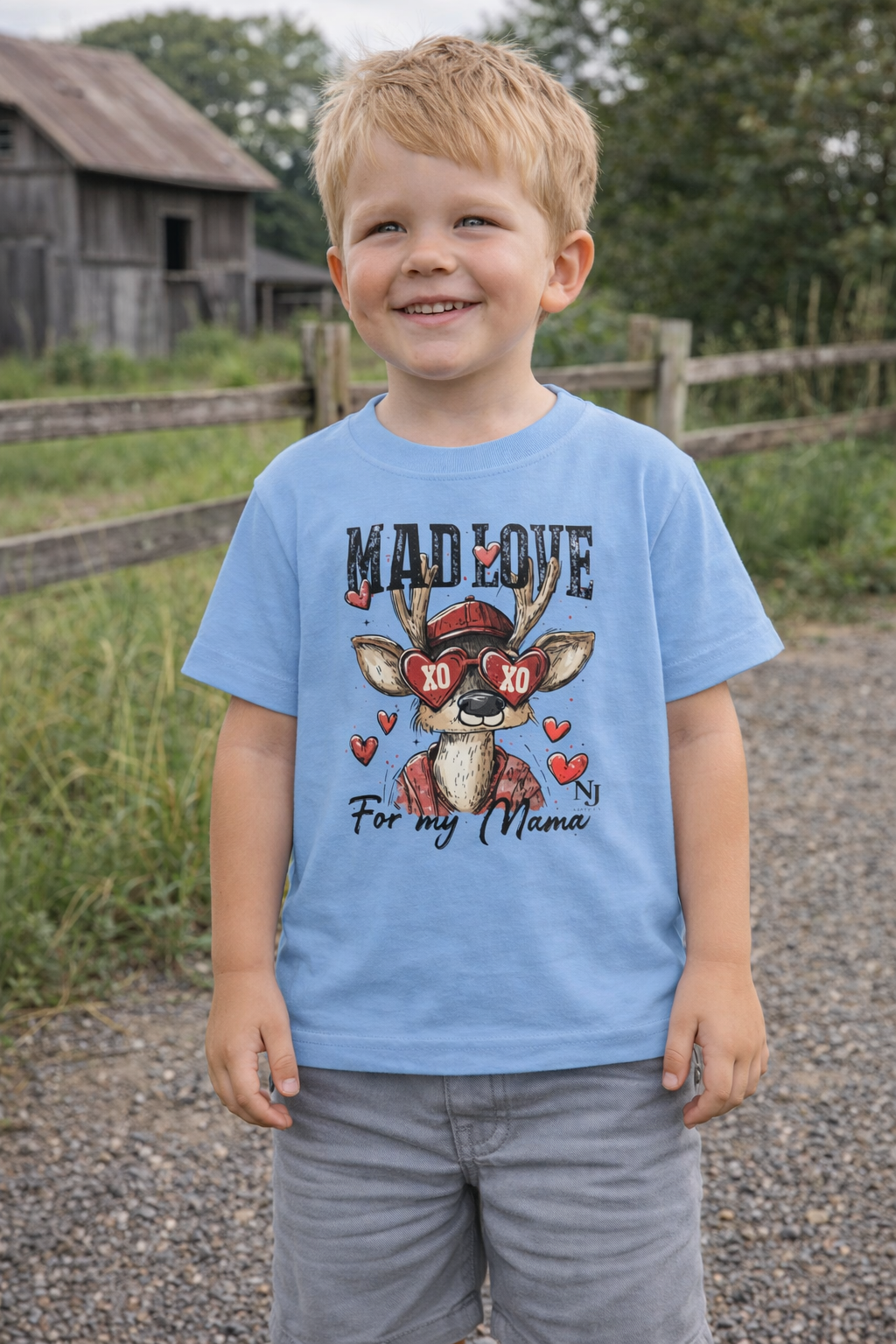 “Mad Love for My Mama” Toddler Valentine Shirt – Cute Deer Heart Graphic Toddler Tee