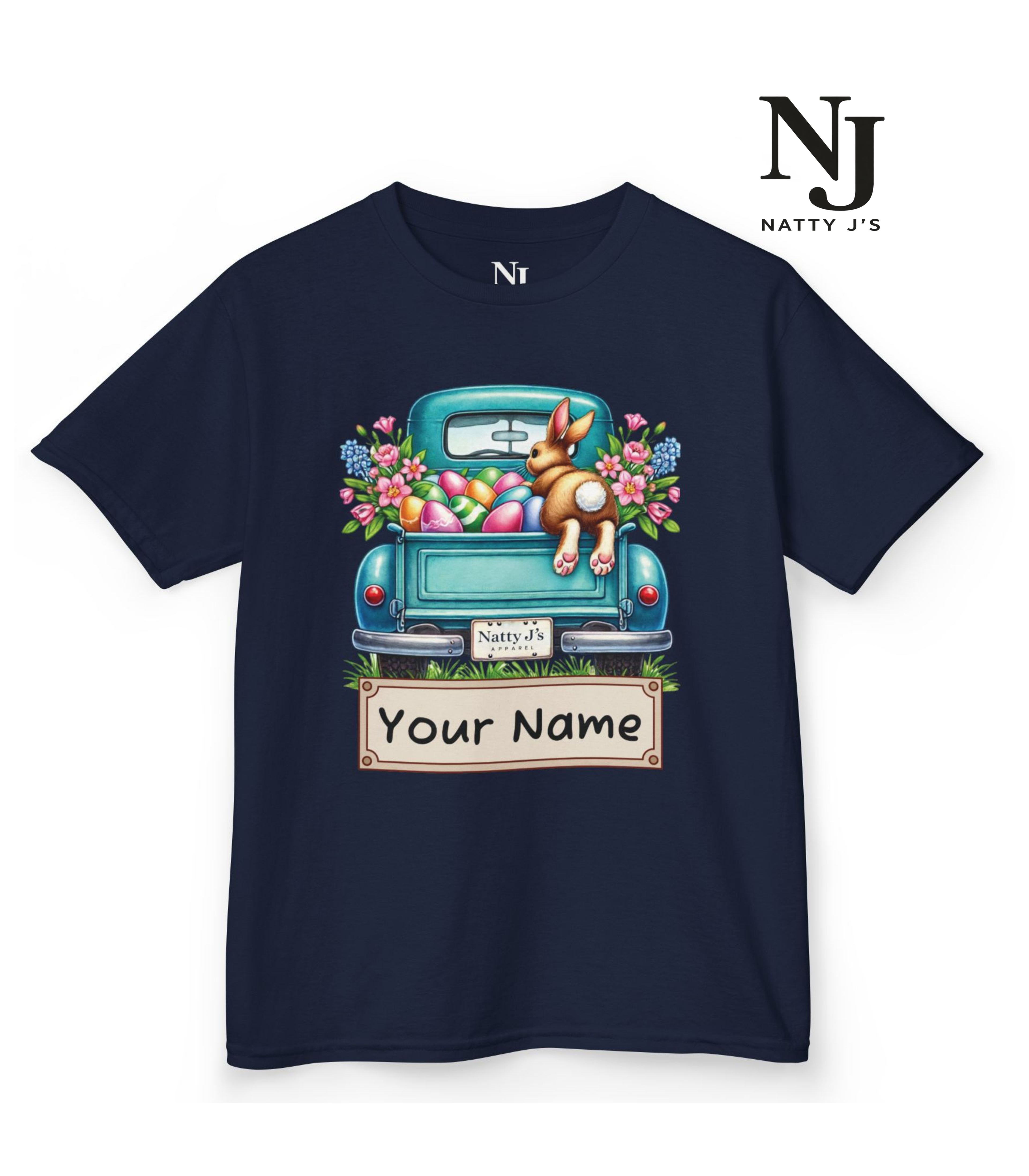 Navy blue t-shirt with a graphic of a blue truck, dog, and Easter eggs on a white background.