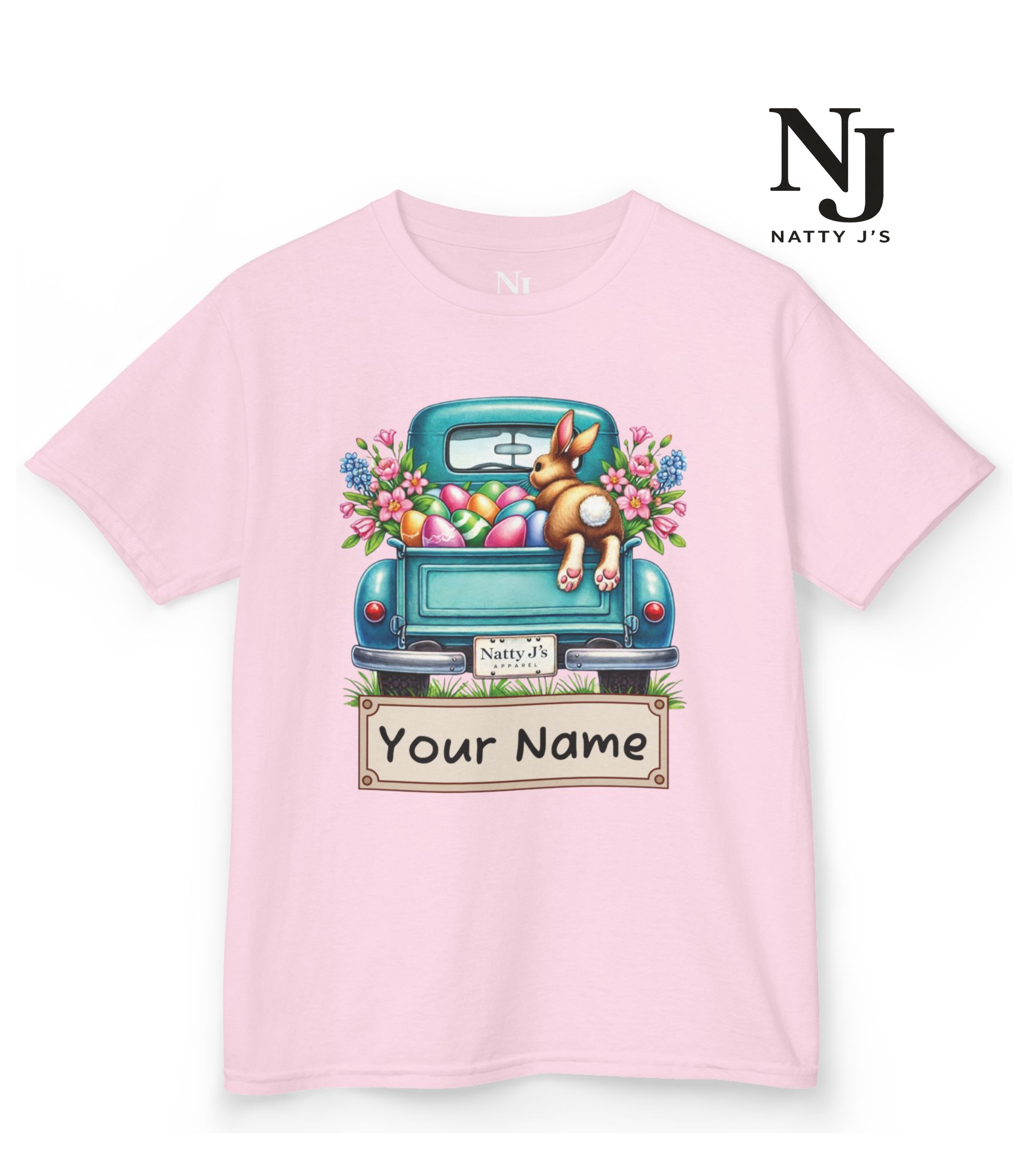 Pink t-shirt with a graphic of a car and bunny, customizable with 'Your Name'.