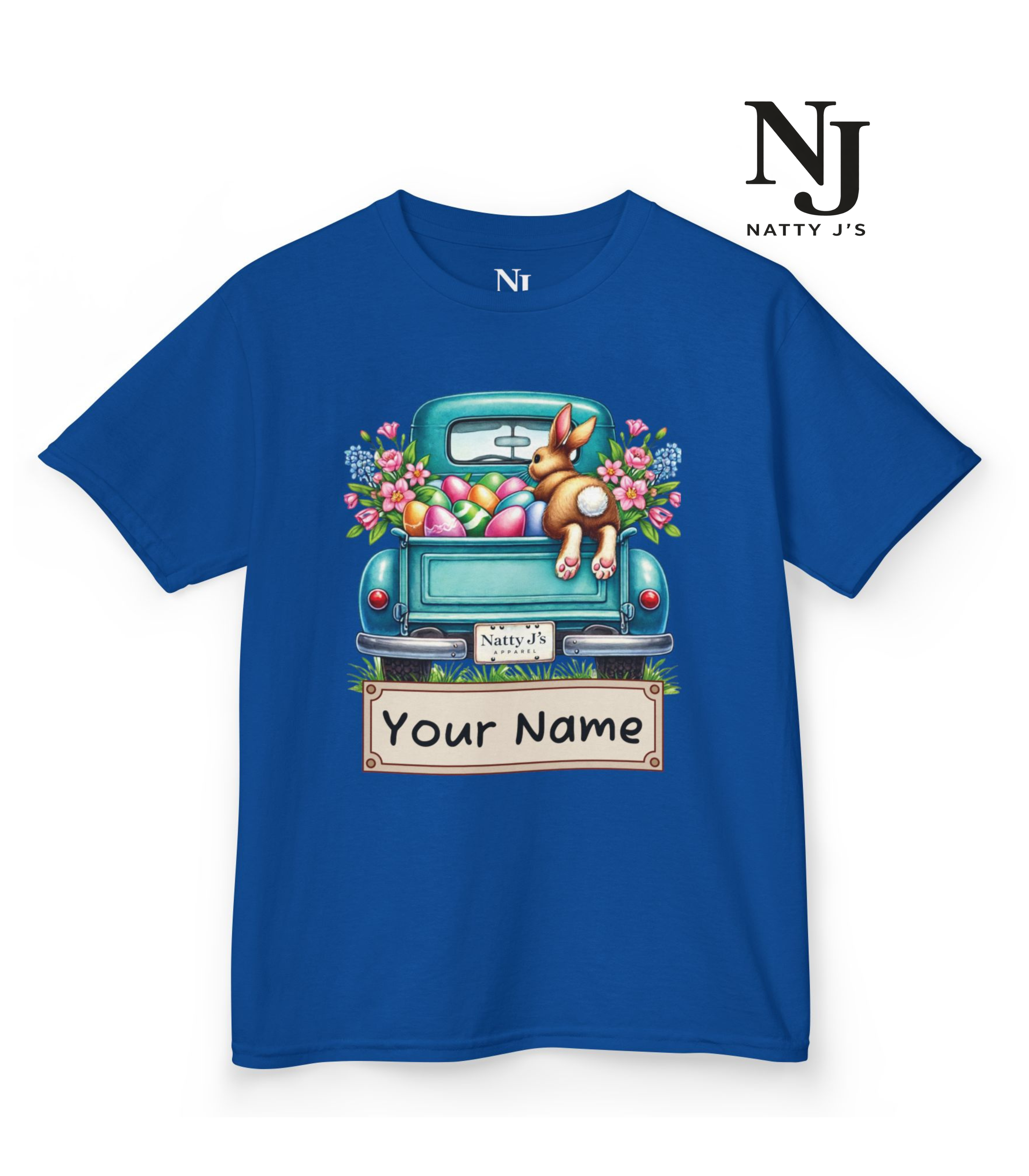 Blue t-shirt with a graphic of a car and bunny, featuring 'Natty J's' branding.