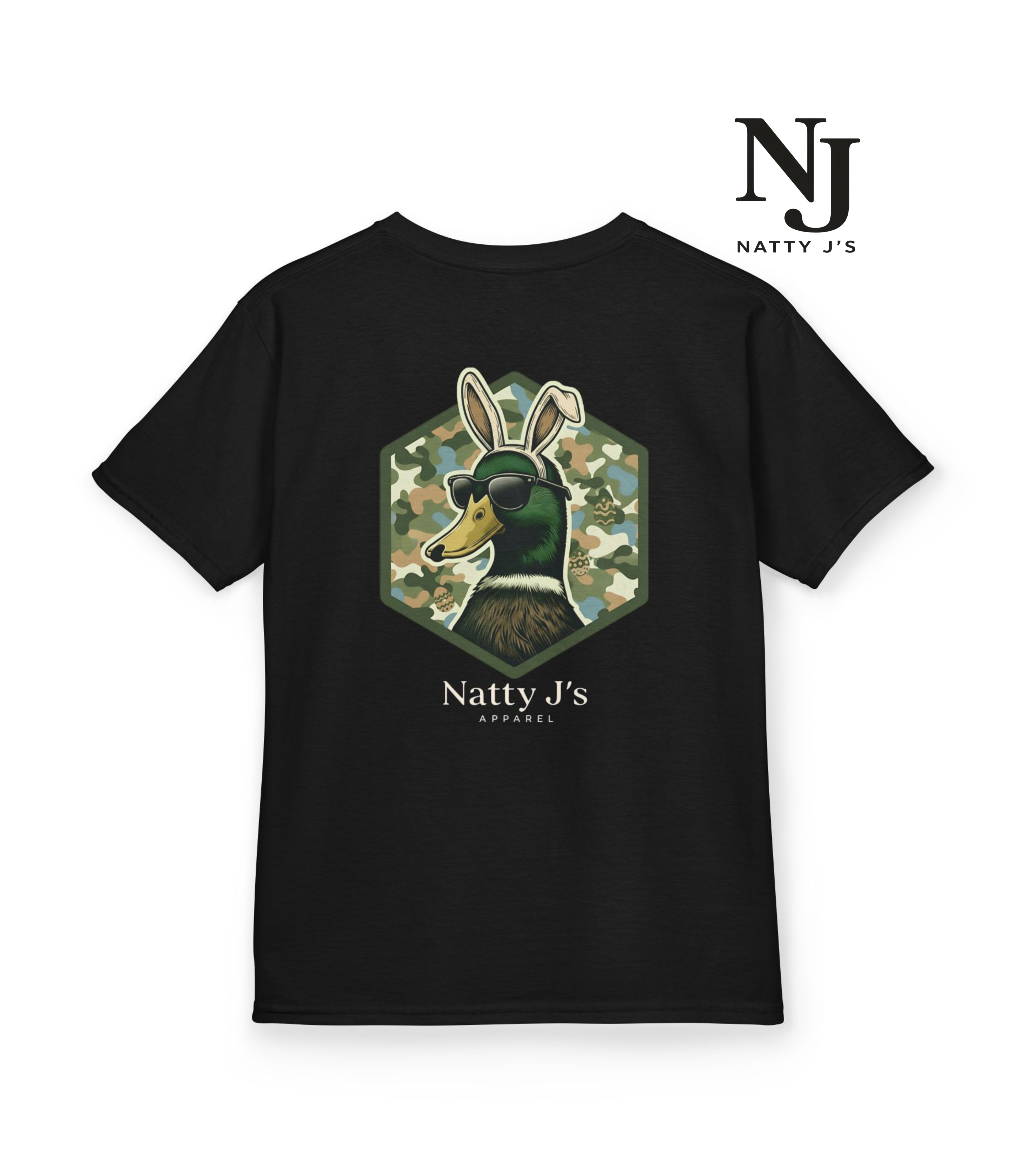 Black t-shirt with a graphic of a duck wearing sunglasses and a hat, surrounded by camouflage patterns, on the back. The brand 'Natty J's' is visible.