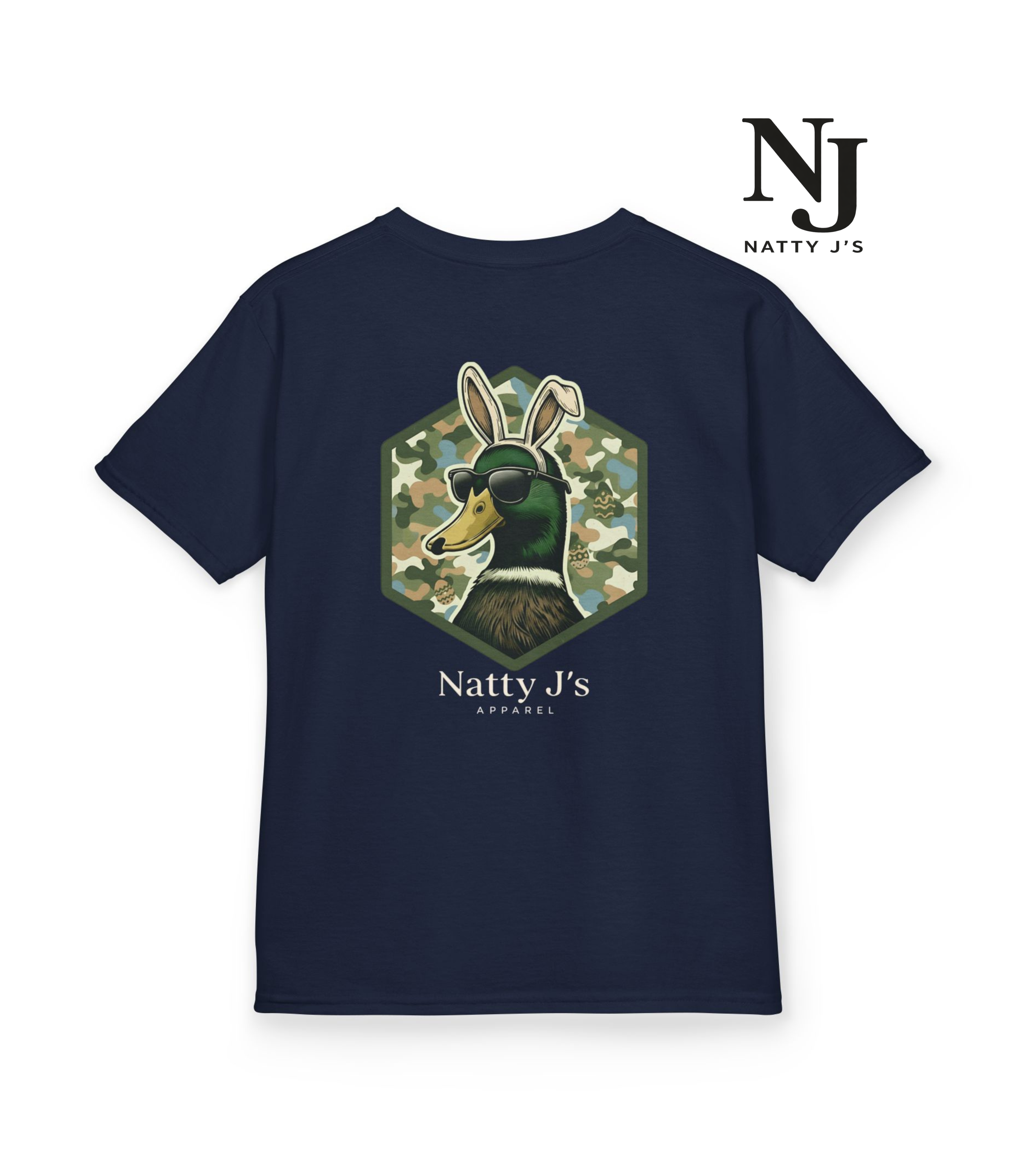 Navy blue t-shirt with a graphic of a kangaroo and 'Natty J's' branding on a white background