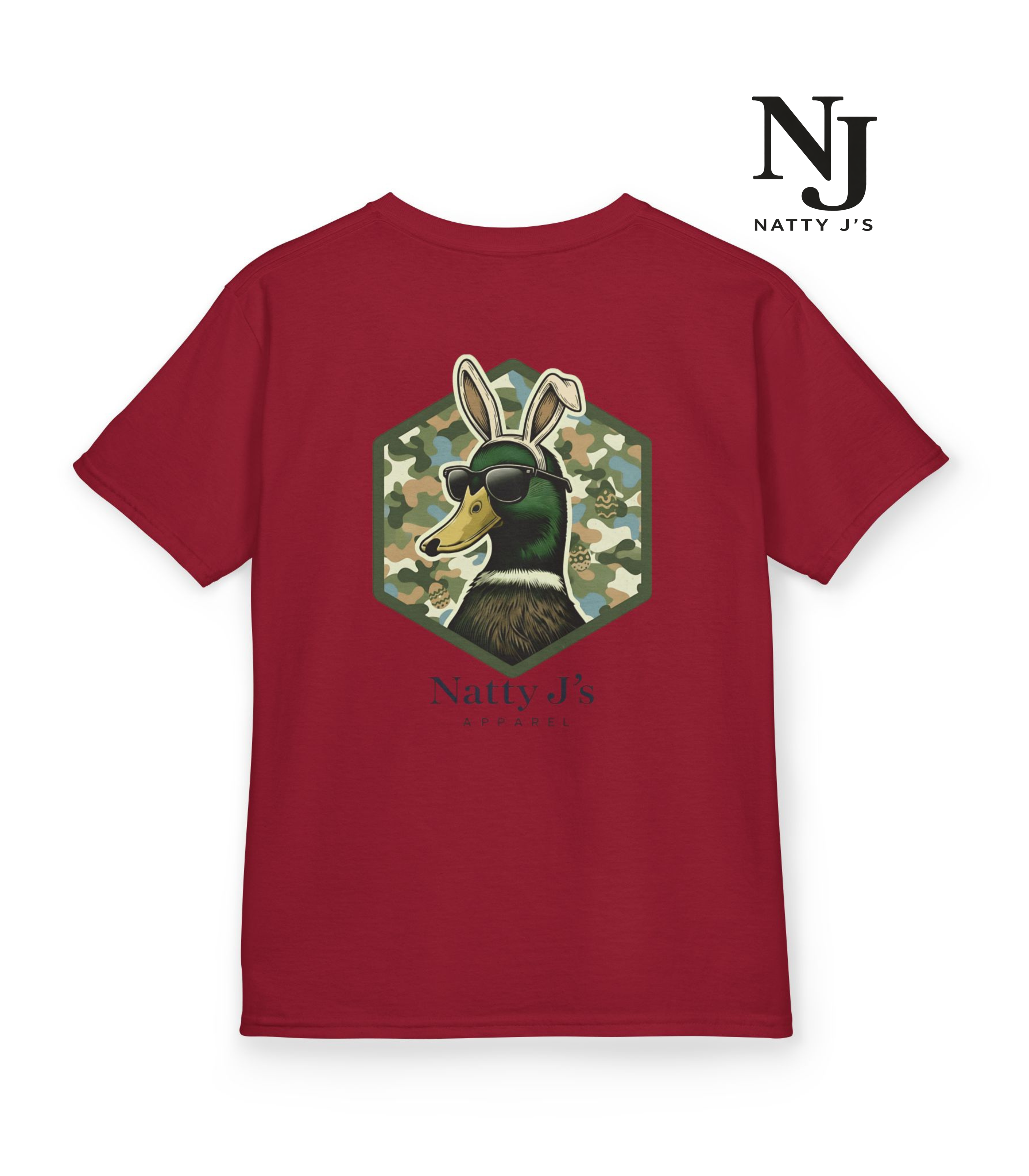 Red t-shirt with a graphic design of a bear and flowers on the back, featuring the brand 'Natty J's'.