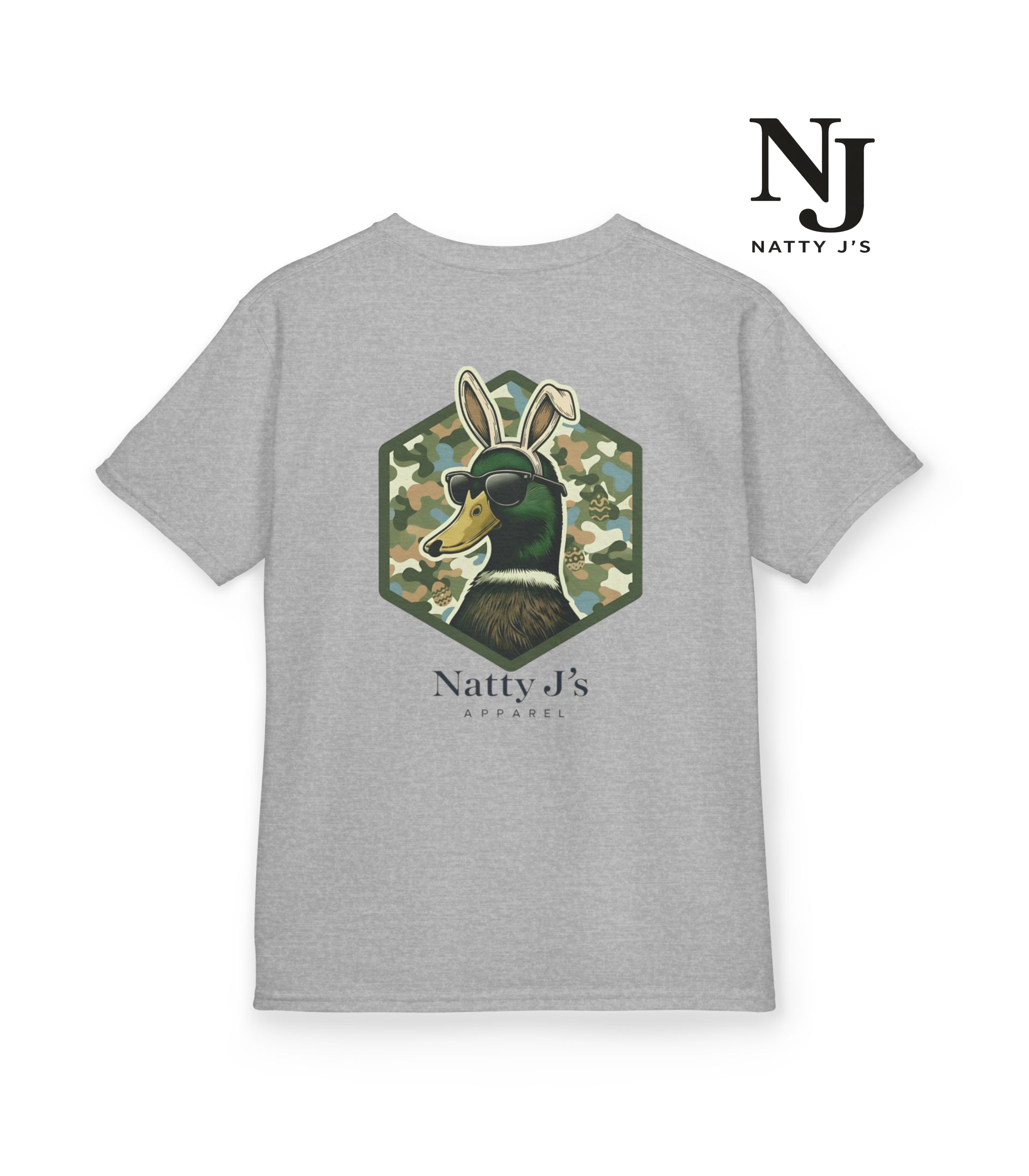Gray t-shirt with a graphic of a deer in a hexagonal frame and 'Natty J's' branding on a white background.