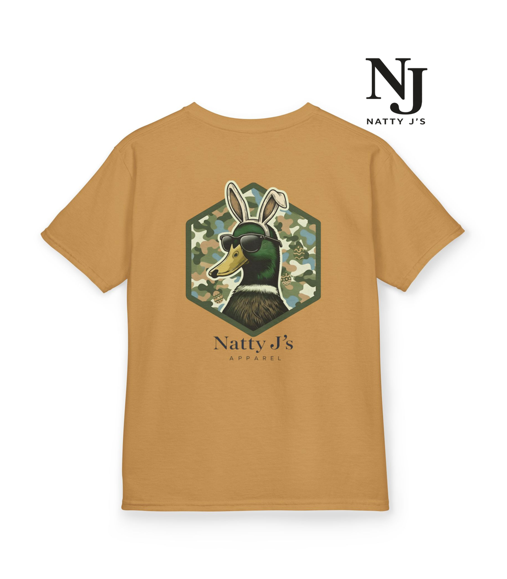 Brown t-shirt with a graphic of a duck and rabbit in a hexagonal frame, branded 'Natty J's'.