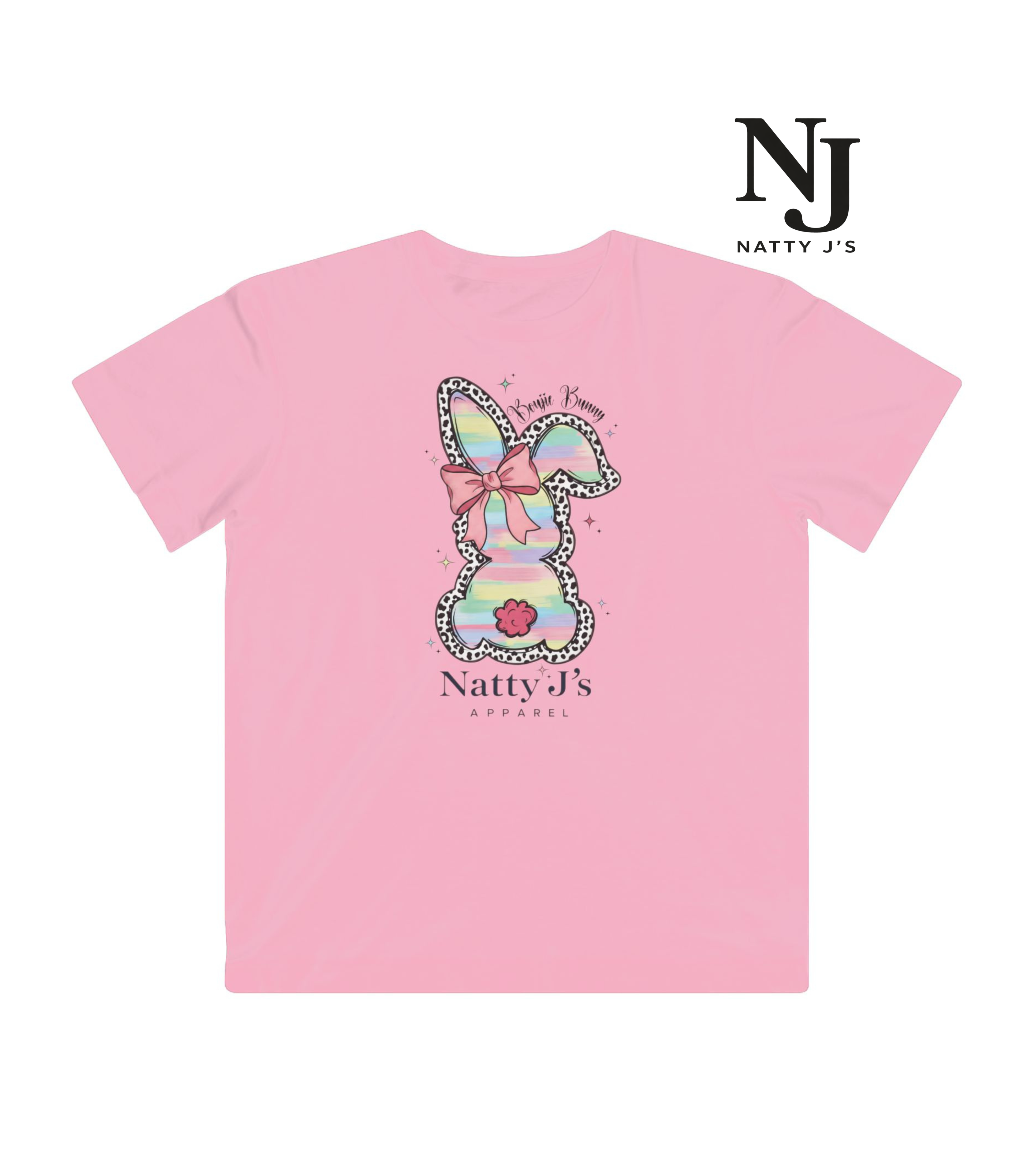 Pink t-shirt with a colorful bunny design and 'Natty J's' branding on a white background