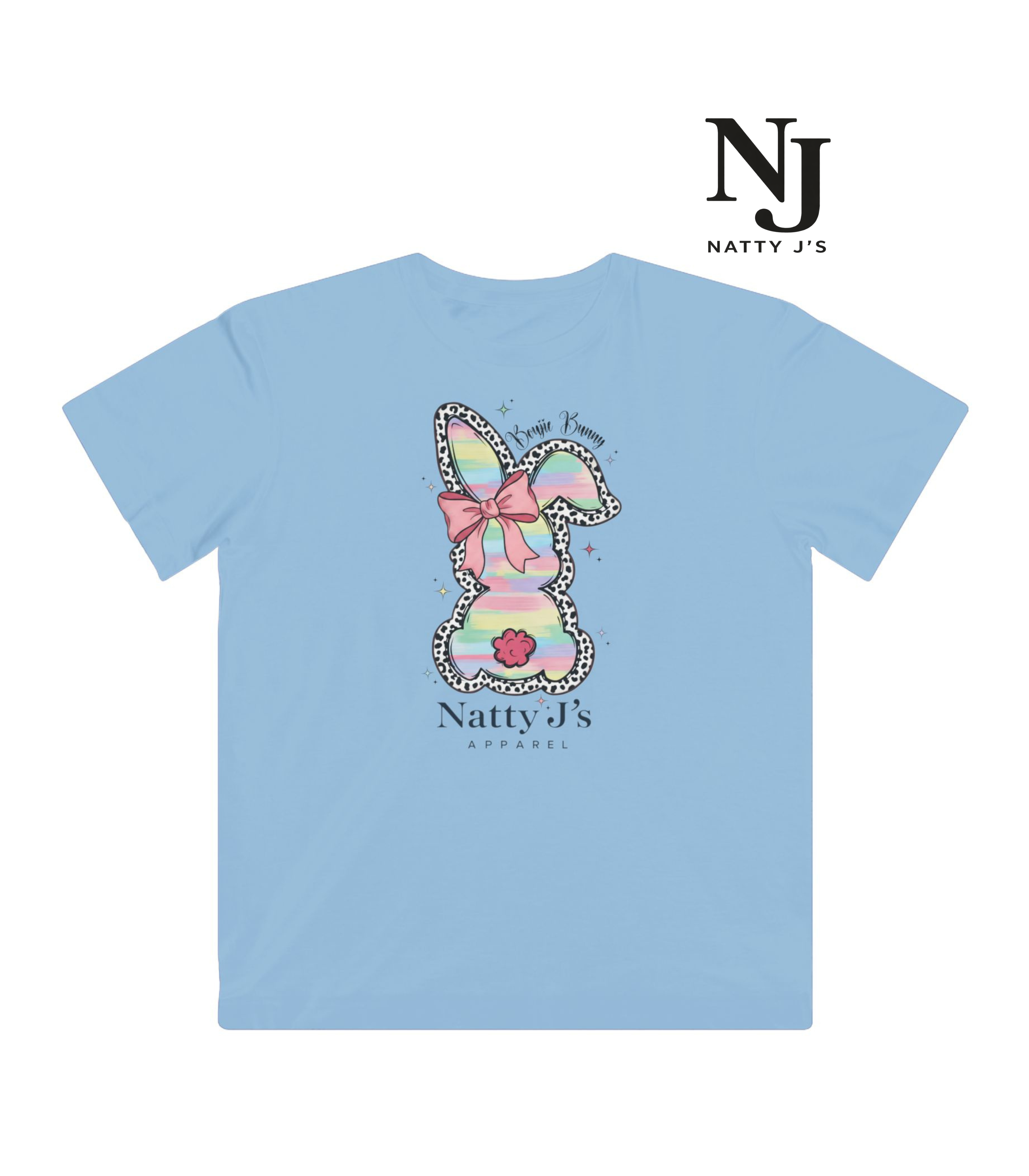 Light blue t-shirt with a colorful bunny design and 'Natty J's' branding on a white background.