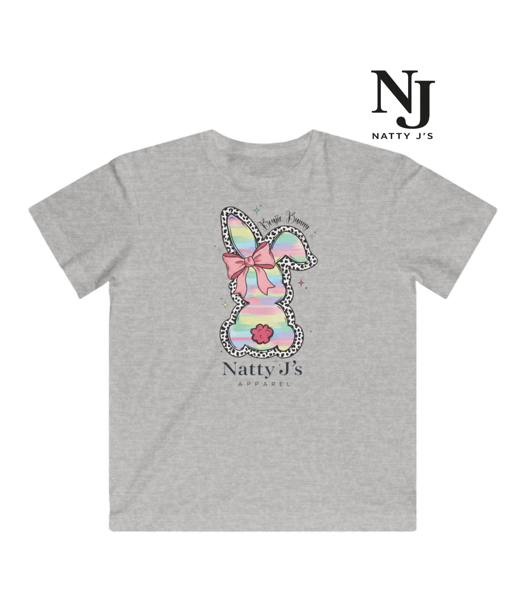 Gray t-shirt with a colorful bunny design and 'Natty J's' branding on a white background