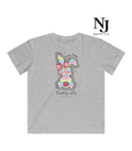 Gray t-shirt with a colorful bunny design and 'Natty J's' branding on a white background