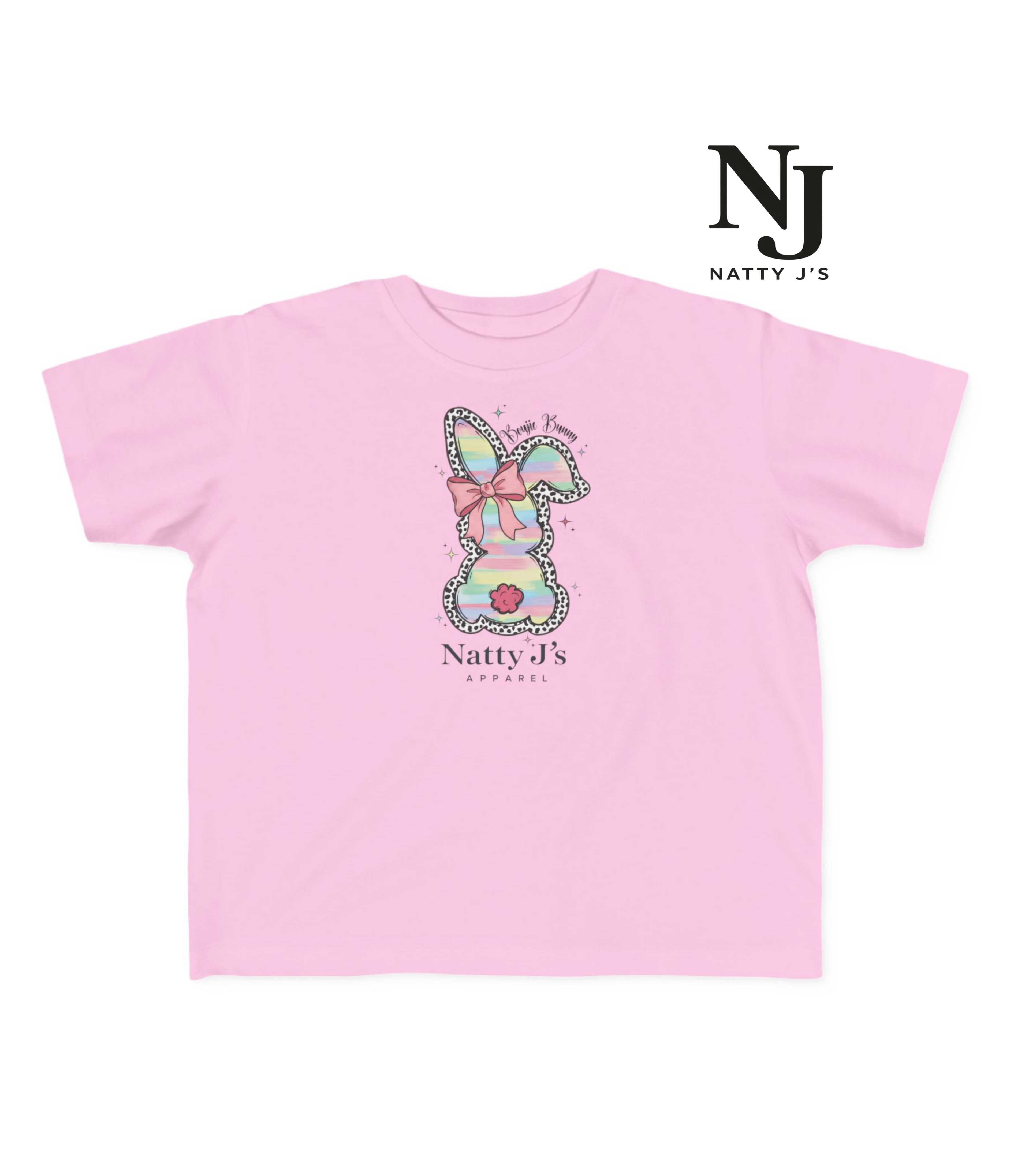 Pink t-shirt with a colorful bunny design and 'Natty J's' branding on a white background.
