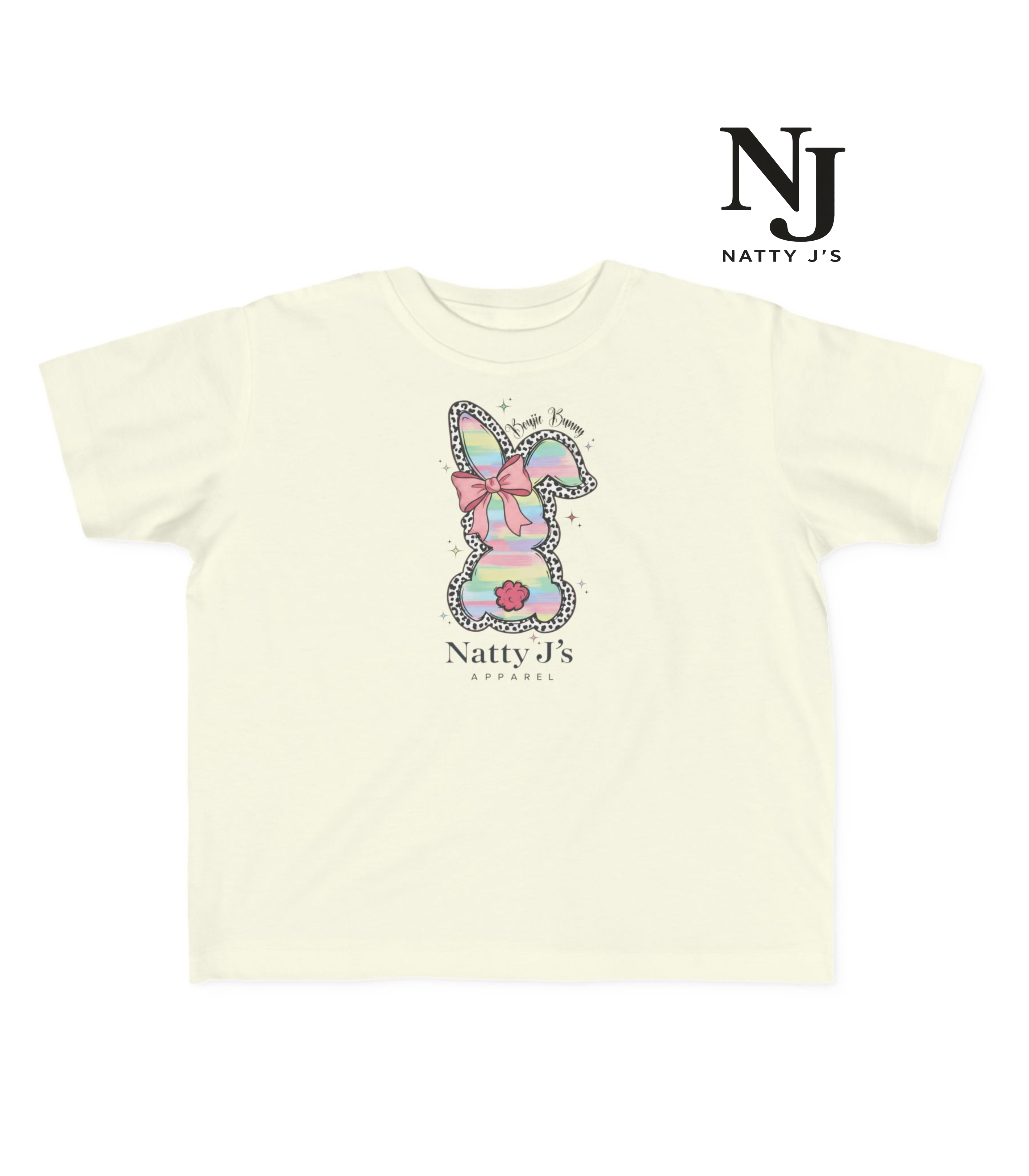 Beige t-shirt with a colorful bunny graphic and 'Natty J's' branding on a white background