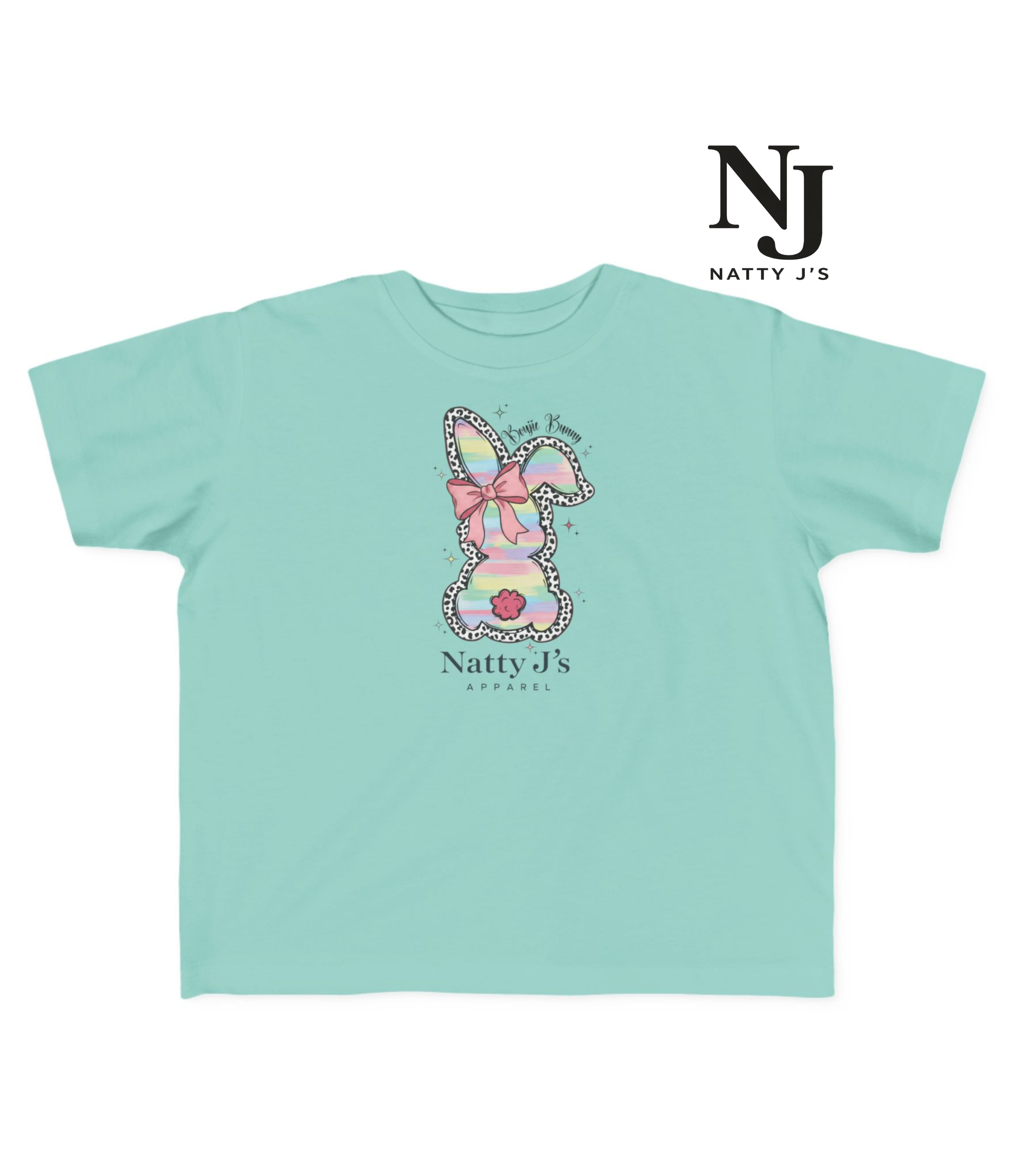 Light blue t-shirt with a colorful bunny design and 'Natty J's' branding on a white background.