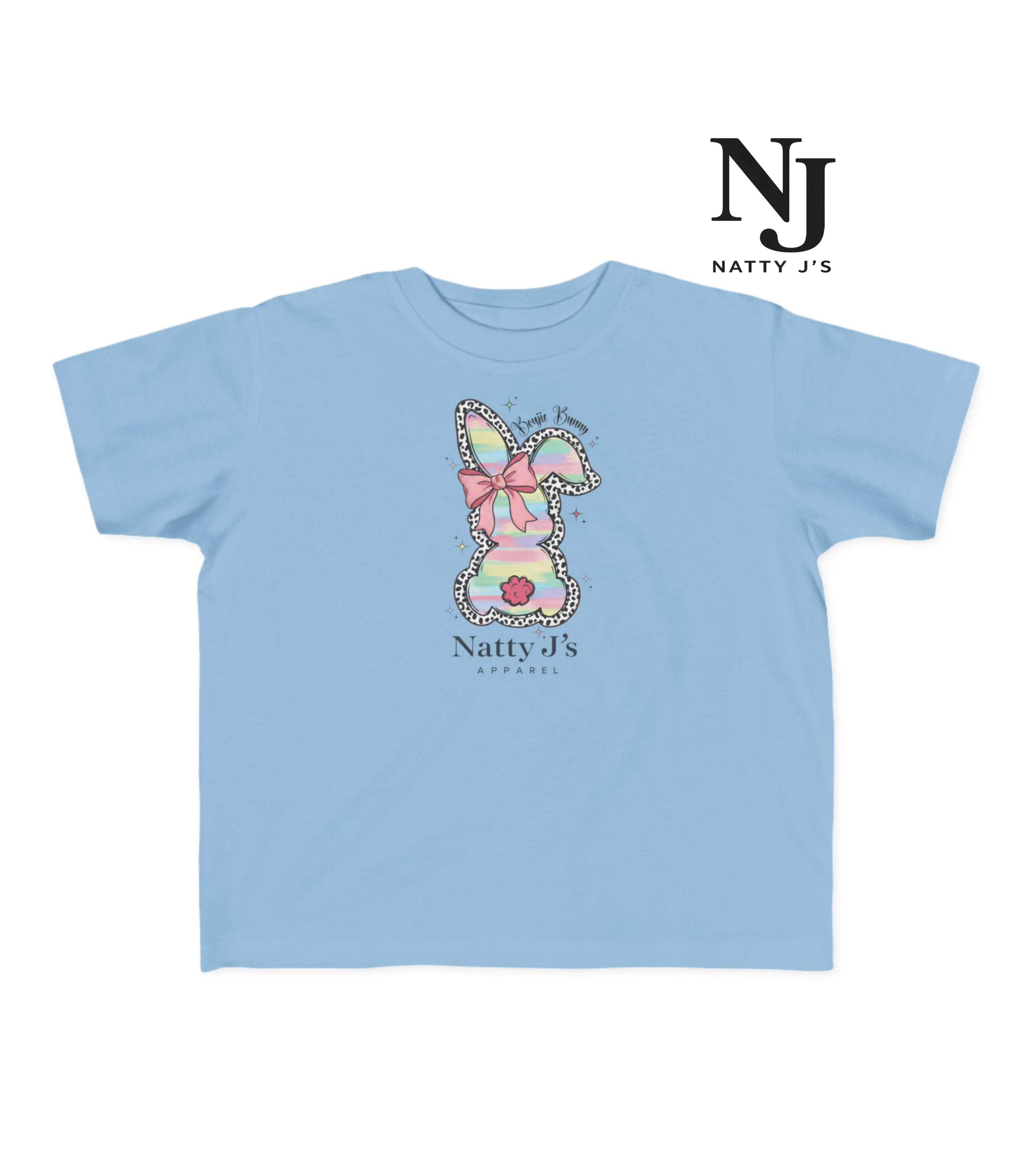 Light blue t-shirt with a colorful butterfly design and 'Natty J's' branding on a white background.