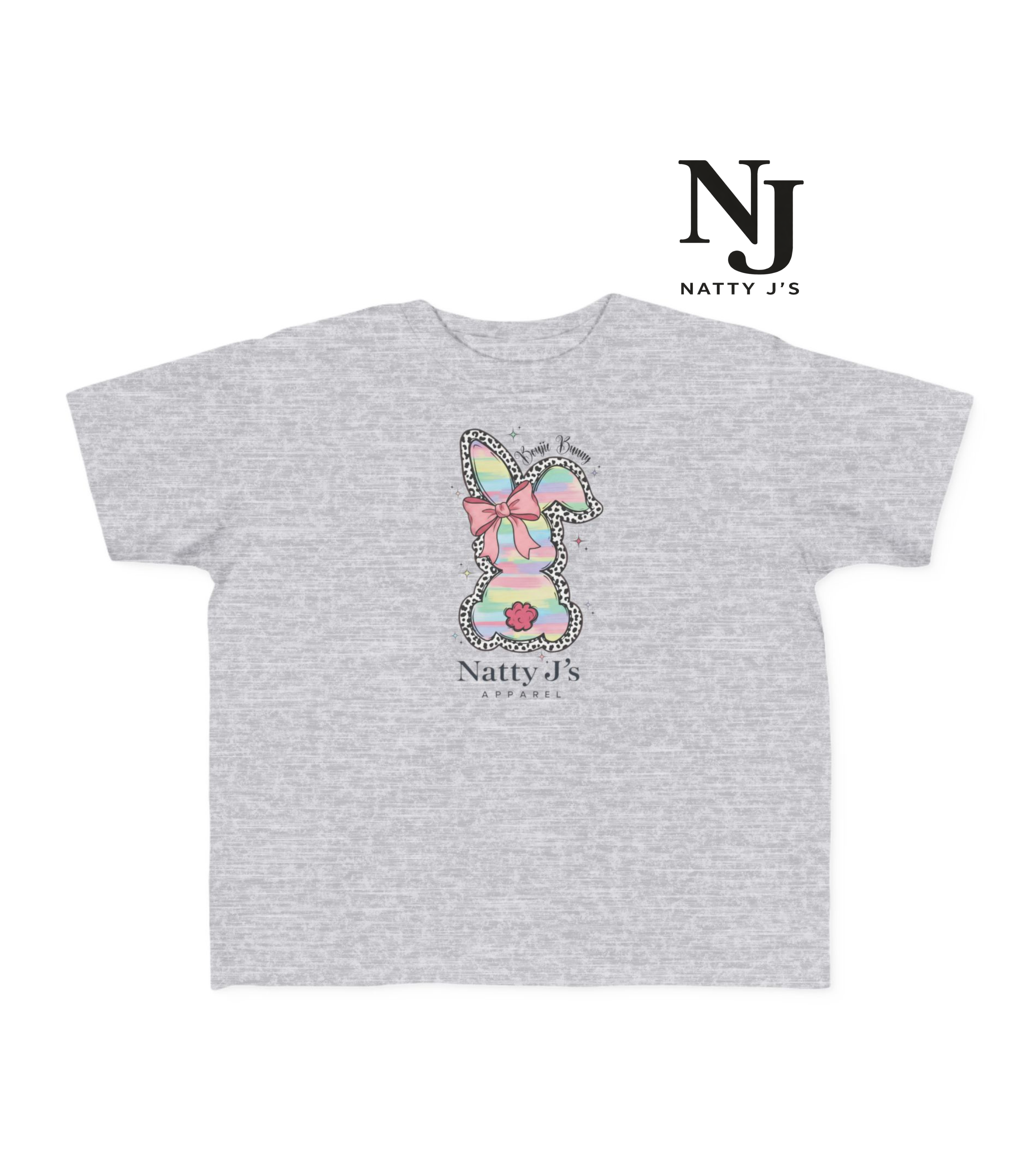 Gray t-shirt with a colorful bunny graphic and 'Natty J's' branding on a white background