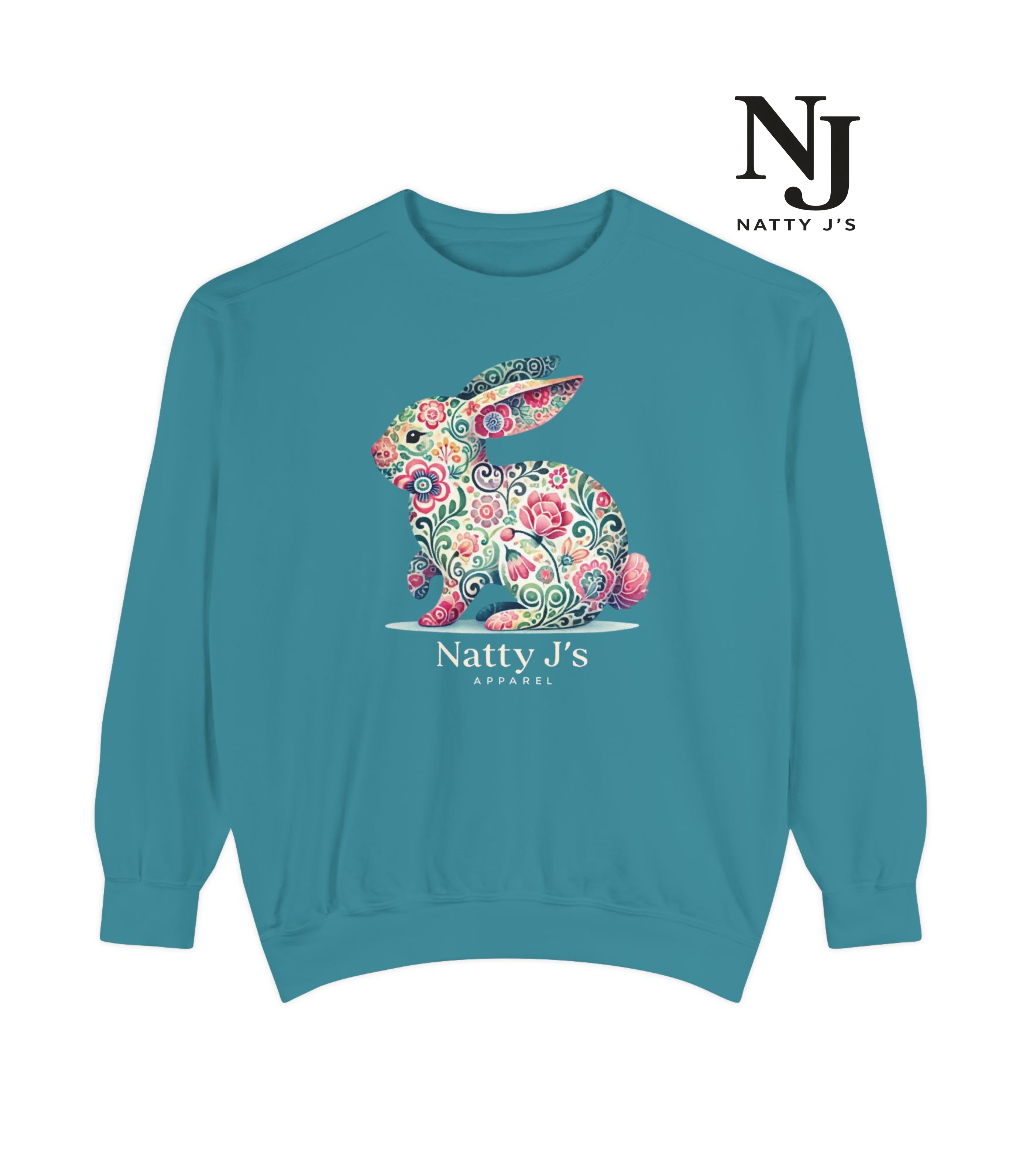 Teal sweatshirt with floral bunny design and Natty J's branding on a white background