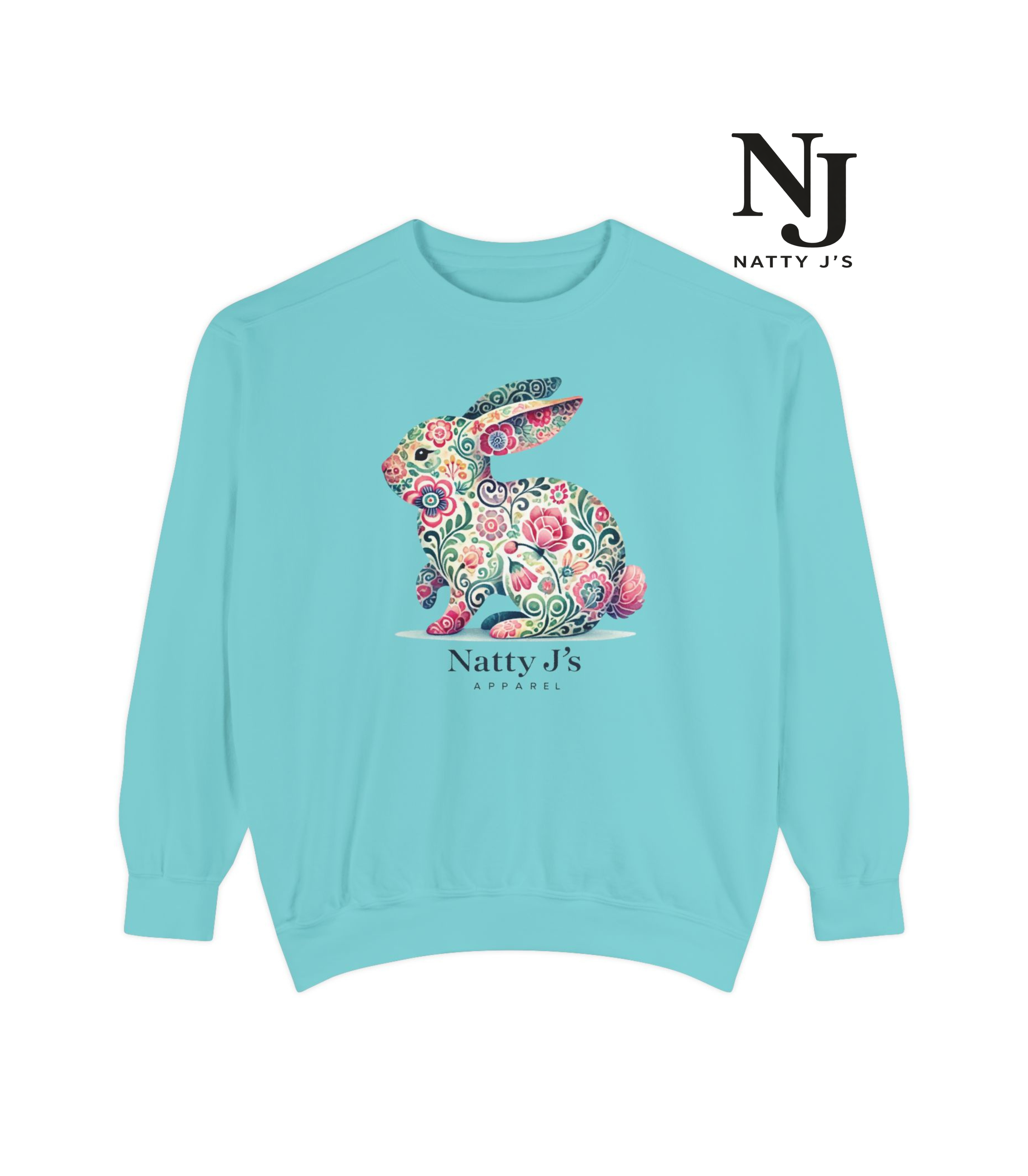 Light blue sweatshirt with floral snake design and 'Natty J's' branding on a white background
