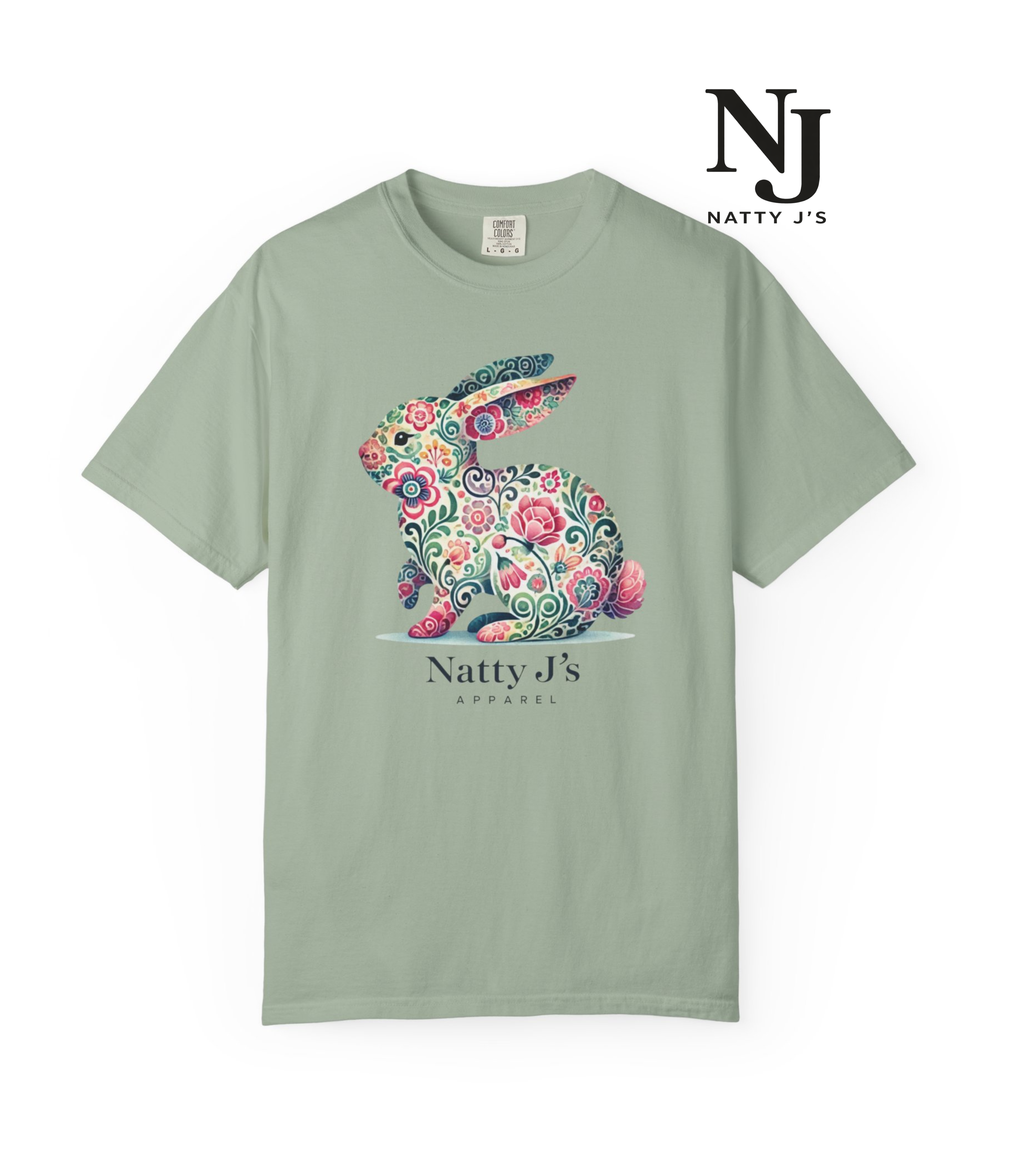 Green t-shirt with floral rabbit design and 'Natty J's' branding on a white background