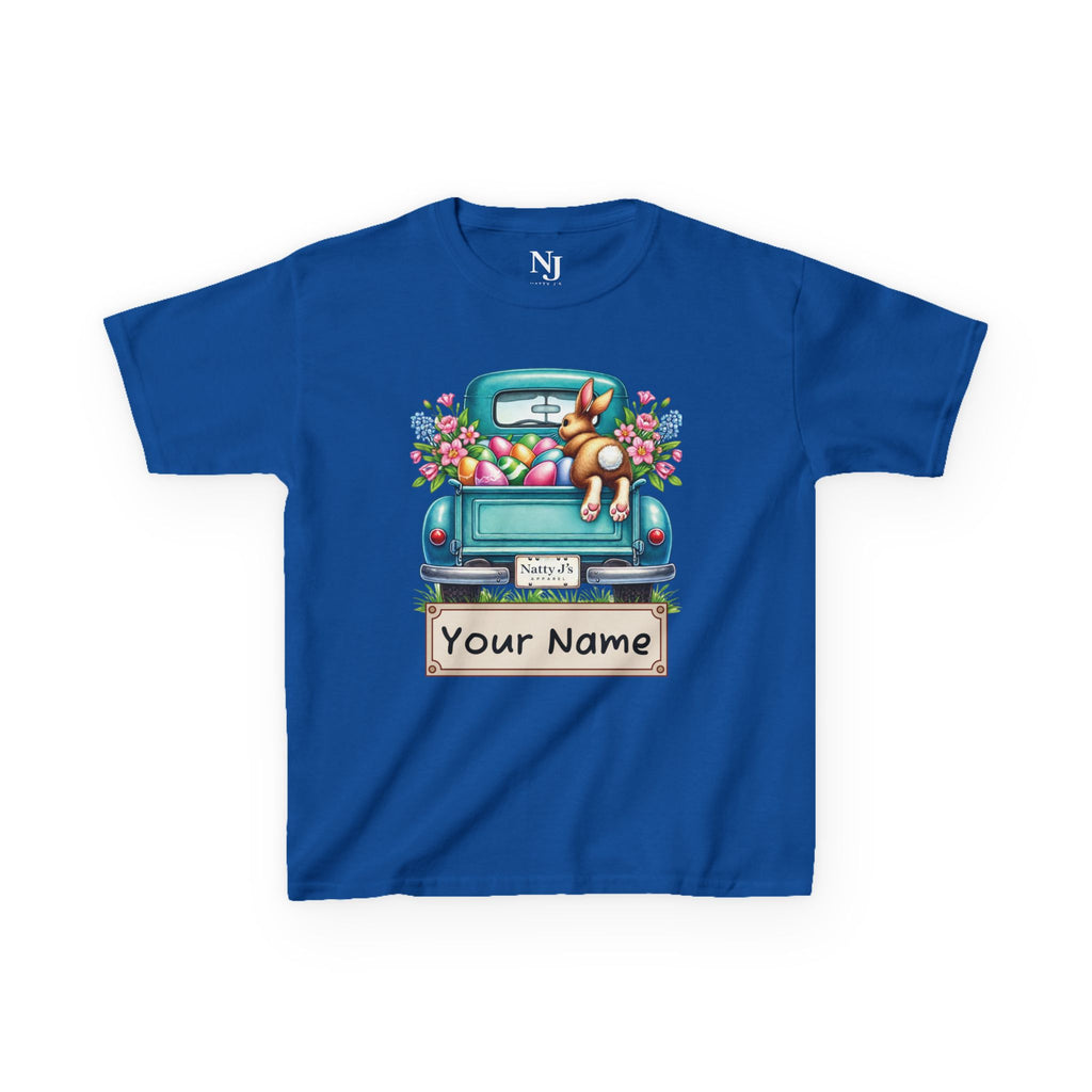 Blue t-shirt with a graphic of a dog in a truck with Easter eggs and flowers, and space for 'Your Name'.