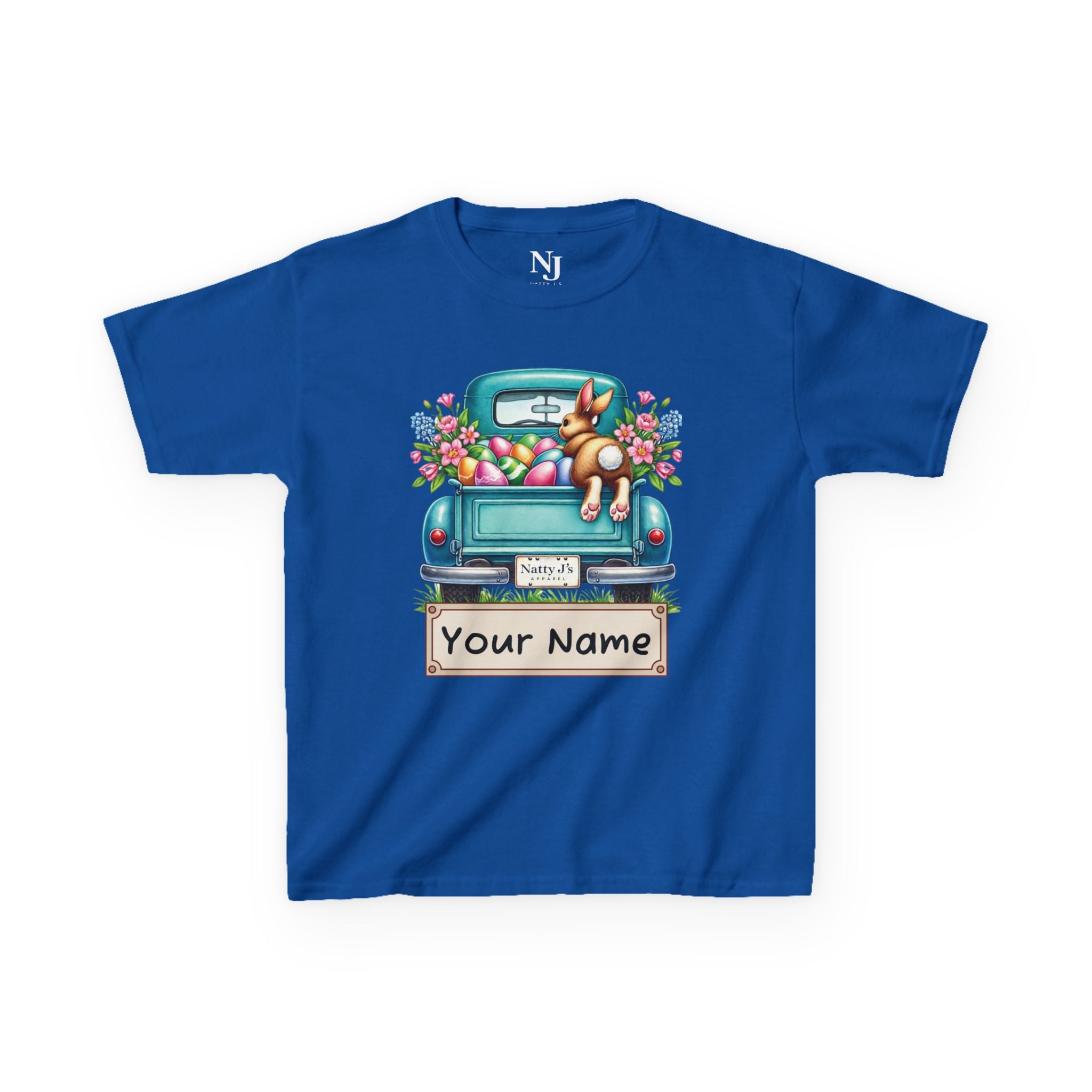 Blue t-shirt with a graphic of a dog in a truck with Easter eggs and flowers, and space for 'Your Name'.