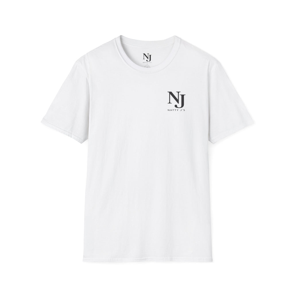 White t-shirt with a logo on a white background