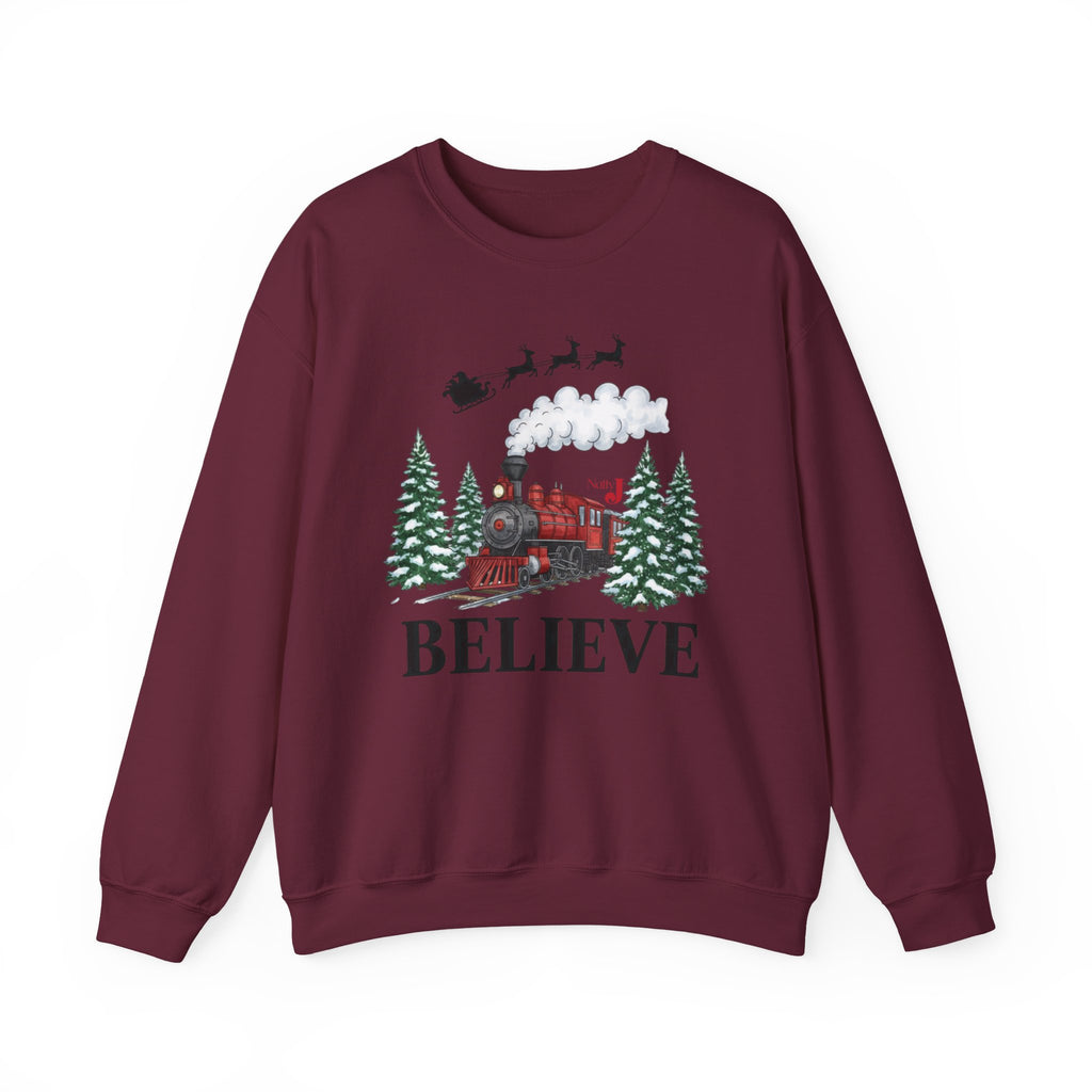 Women’s Believe Christmas Sweatshirt – Festive Holiday Train & Santa Sleigh Crewneck – Cozy Winter Graphic Sweatshirt for Women – Christmas Outfit Top