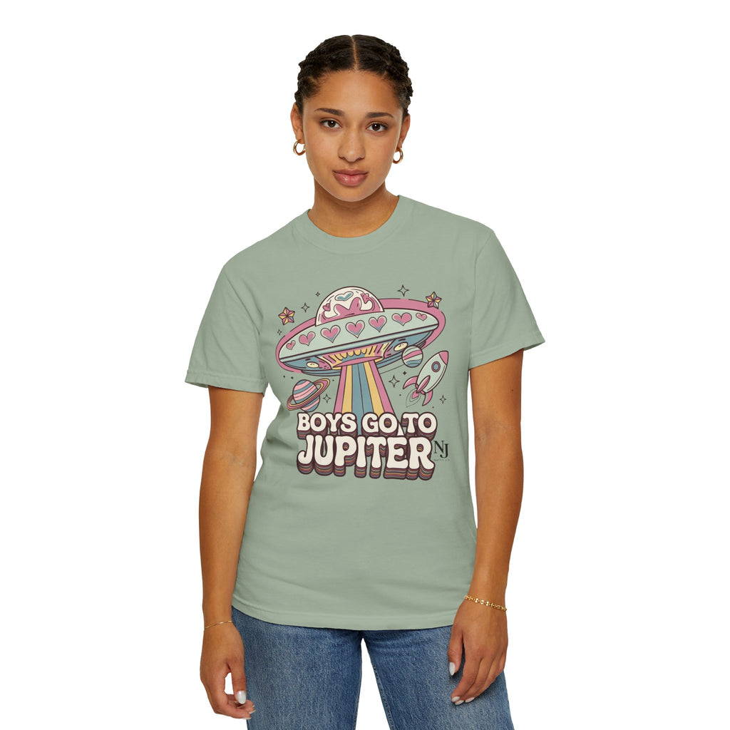Boys Go to Jupiter Graphic Tee – Retro Space Valentine Shirt for Women | Fun UFO Heart