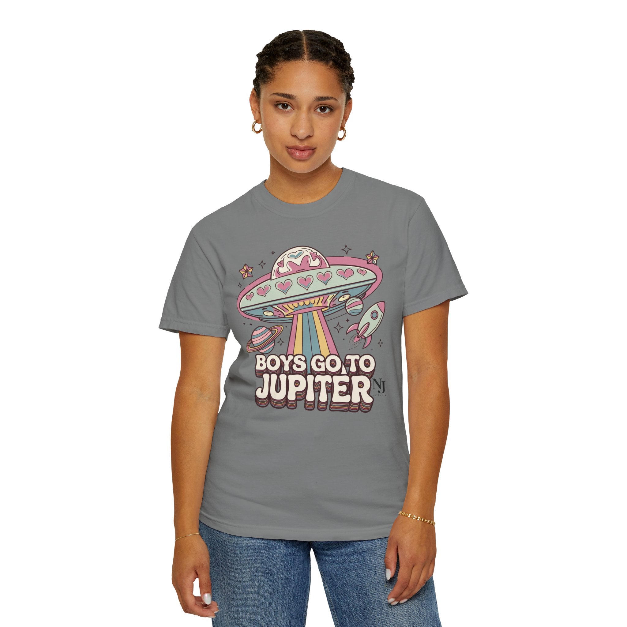 Boys Go to Jupiter Graphic Tee – Retro Space Valentine Shirt for Women | Fun UFO Heart