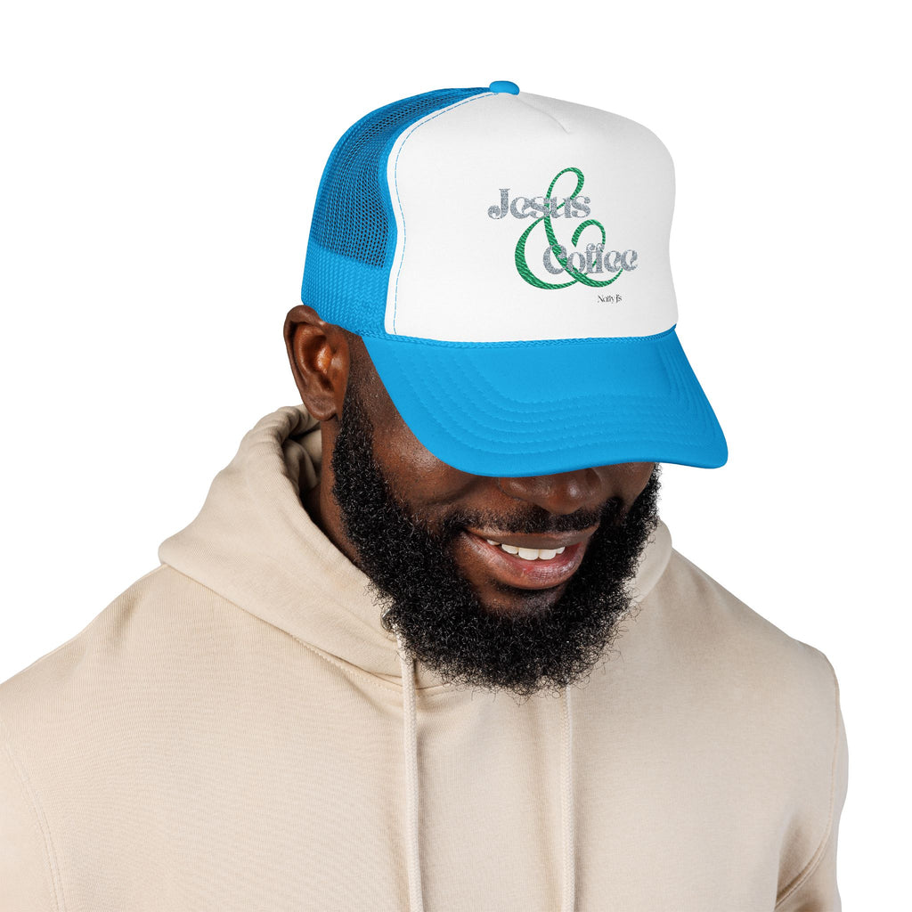 Embroidered Jesus & Coffee Foam Trucker Hat
