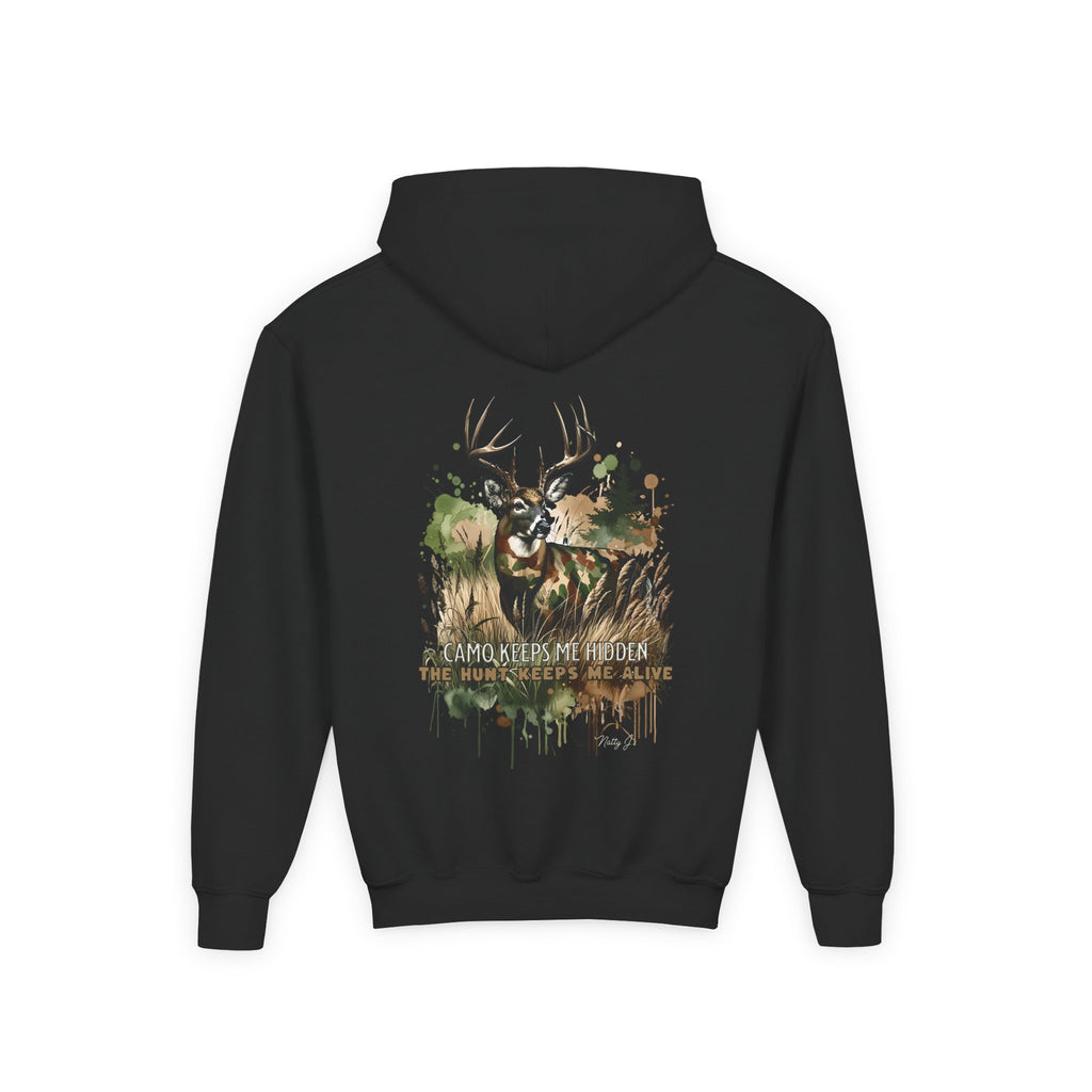 Youth Camo Keeps Me Hidden Hoodie – Deer Hunting Graphic Hoodie for Kids | Natty J’s Outdoor Apparel