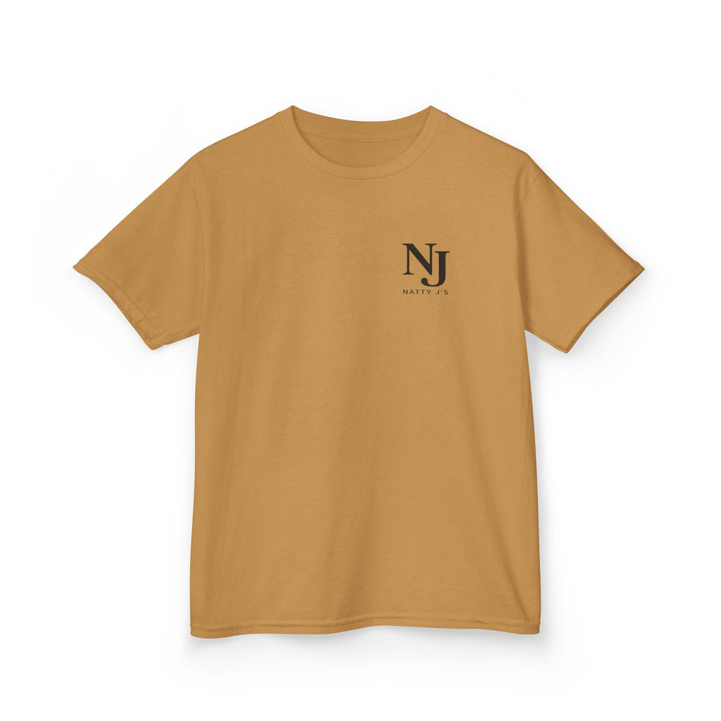 Brown t-shirt with a logo on a white background