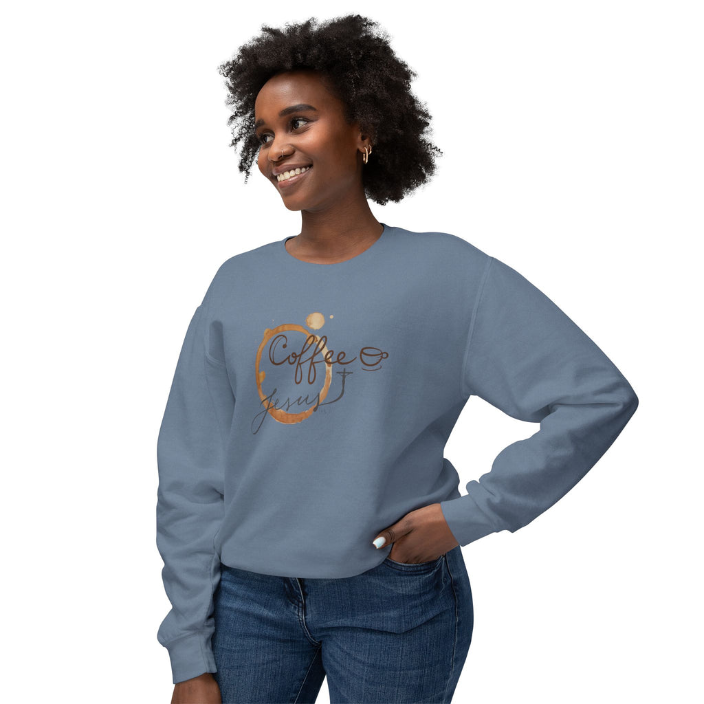 Coffee Jesus Lover's Unisex Lightweight Crewneck Sweatshirt, Cozy Gift for Coffee Enthusiasts, Casual Wear, Perfect Fall, Thanksgiving