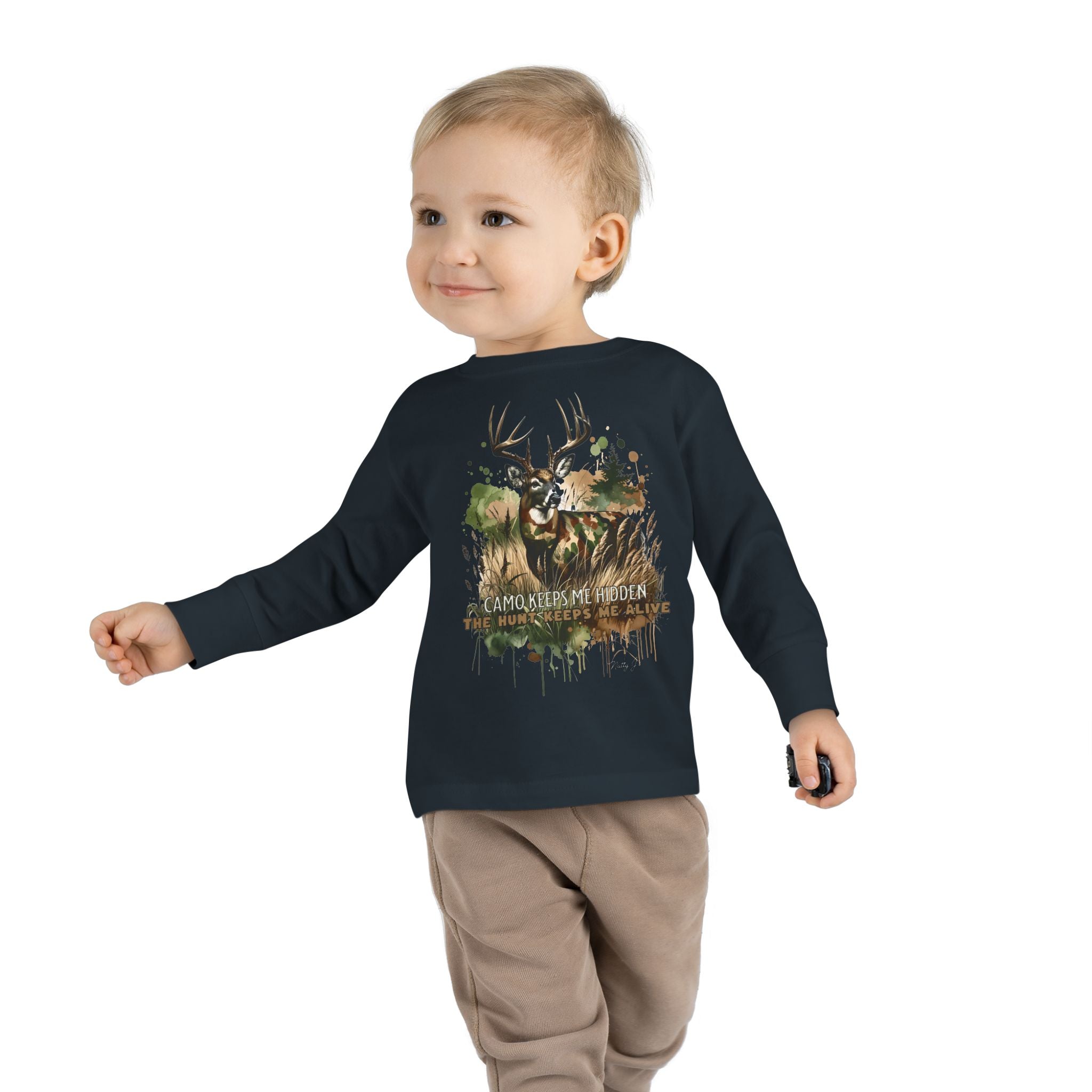 Toddler Camo Keeps Me Hidden Long Sleeve Shirt – Deer Hunting Graphic Long Sleeve Tee | Natty J’s