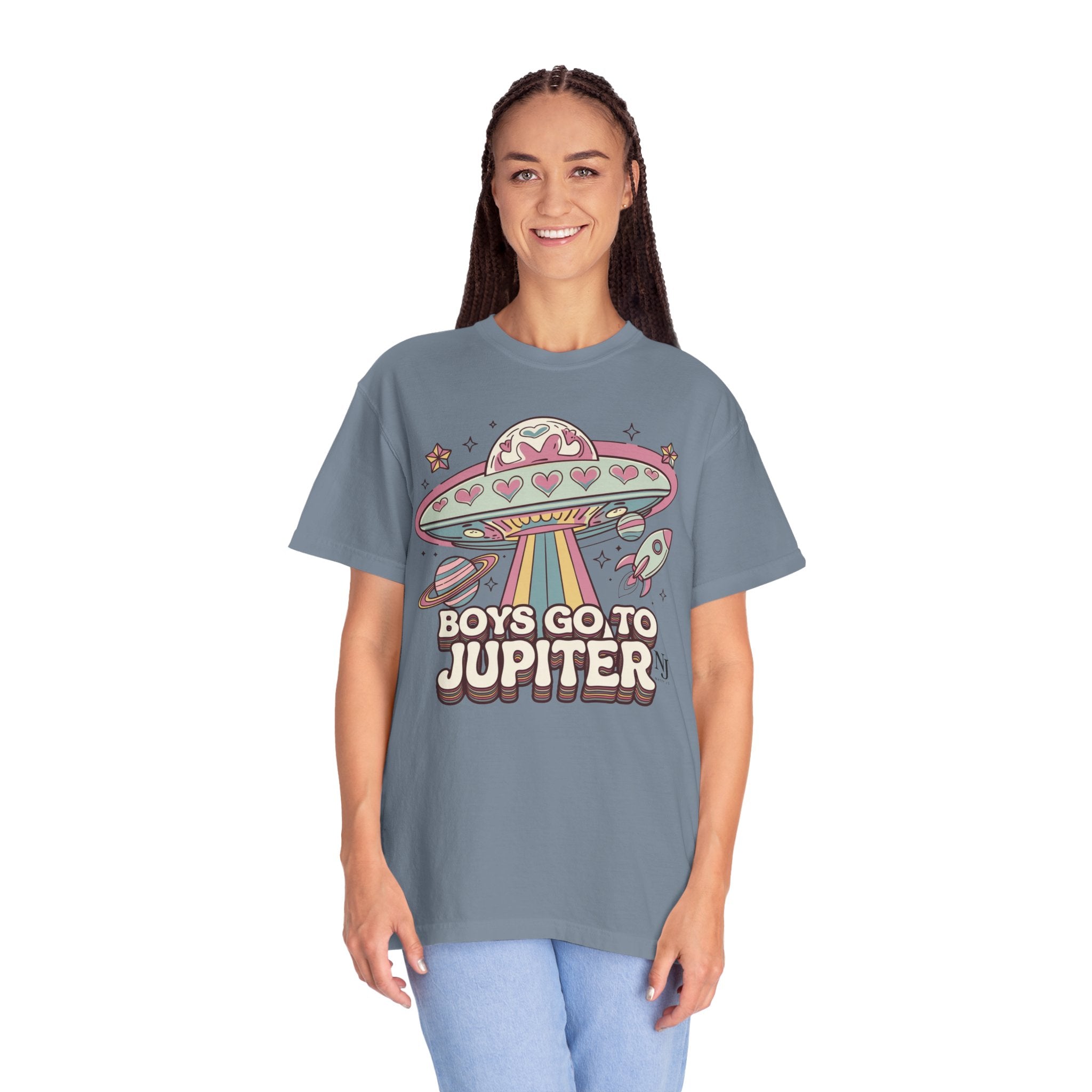 Boys Go to Jupiter Graphic Tee – Retro Space Valentine Shirt for Women | Fun UFO Heart