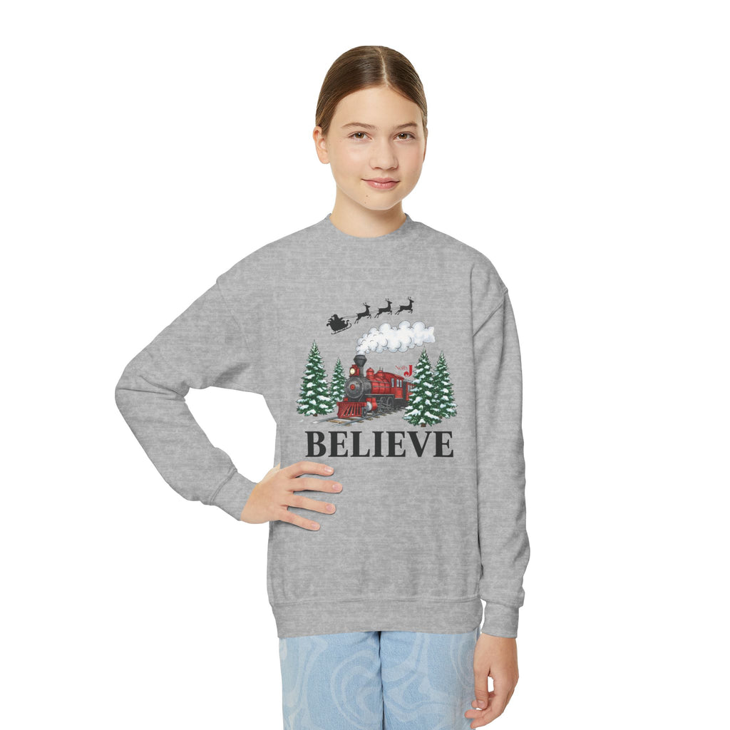 Kids Believe Christmas Sweatshirt – Holiday Train & Santa Sleigh Graphic – Girls & Boys Christmas Crewneck – Cozy Winter Outfit for Children