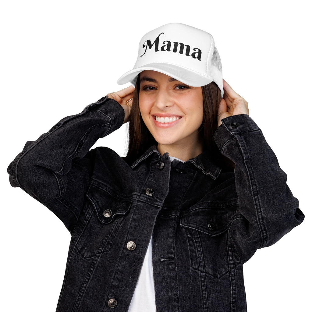 Embroidered Black and White Mama Trucker Hat