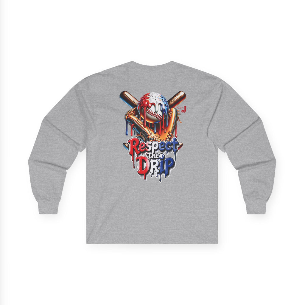 Respect the Drip Baseball Long Sleeve Shirt for Men – Patriotic Red White Blue Baseball Drip Graphic Tee | USA Sports Fan Shirt