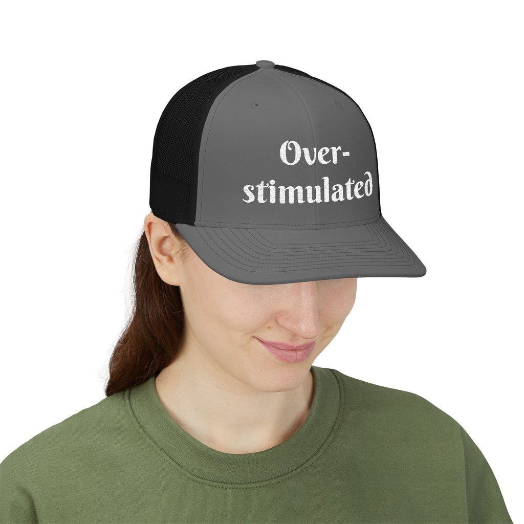 "Overstimulated" Embroidered Snapback Trucker Cap, Funny Cap for Anxiety Relief, Gift for Mental Health Awareness, Casual Style, Unisex Hat