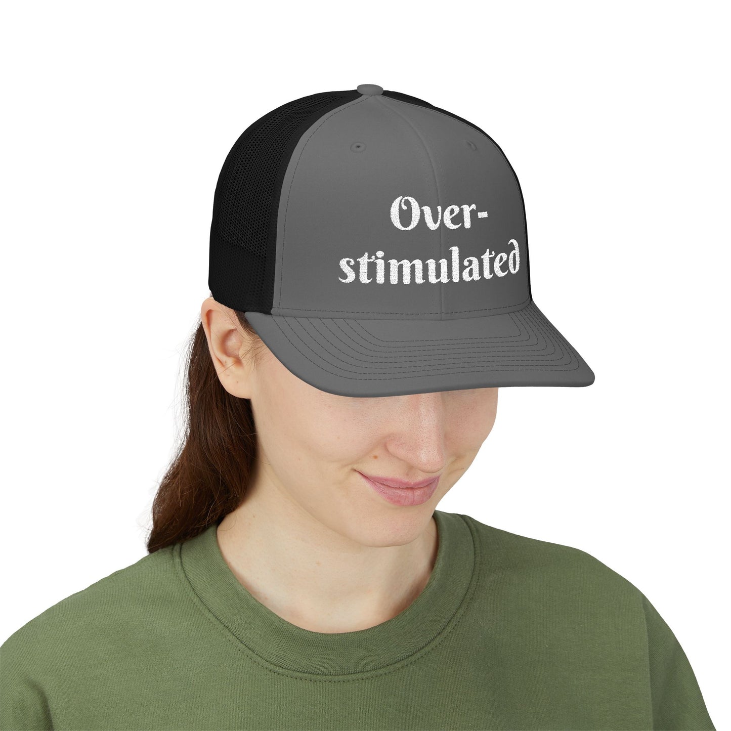 "Overstimulated" Embroidered Snapback Trucker Cap, Funny Cap for Anxiety Relief, Gift for Mental Health Awareness, Casual Style, Unisex Hat