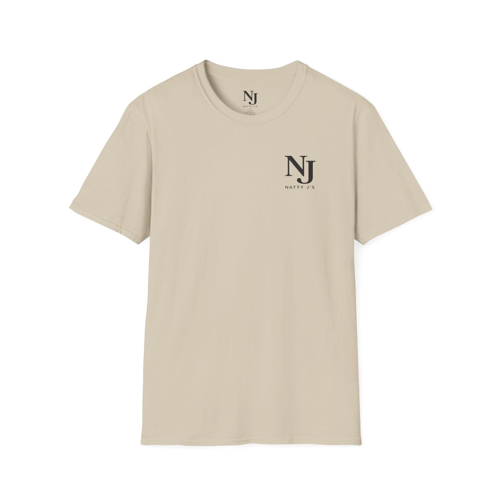 Beige t-shirt with NJ logo on a white background