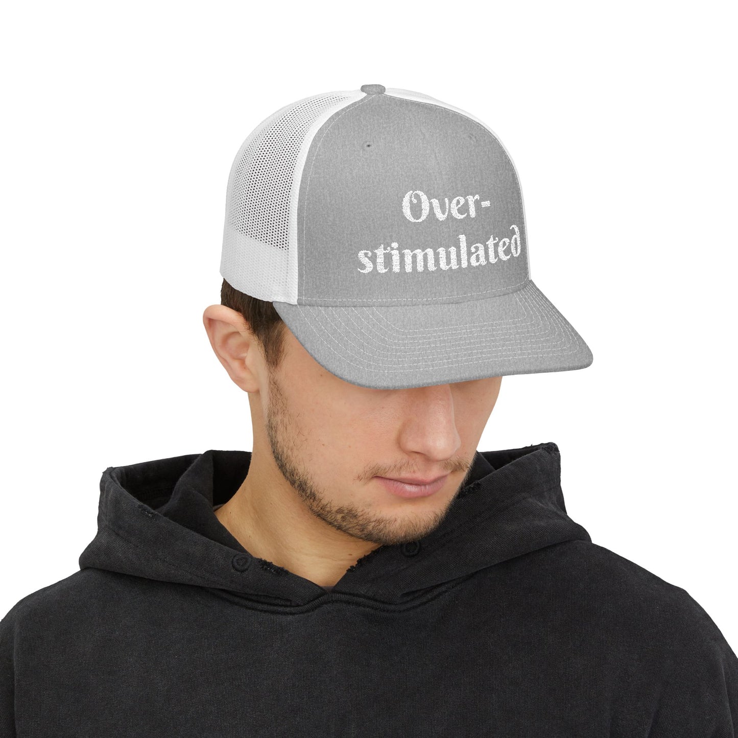 "Overstimulated" Embroidered Snapback Trucker Cap, Funny Cap for Anxiety Relief, Gift for Mental Health Awareness, Casual Style, Unisex Hat