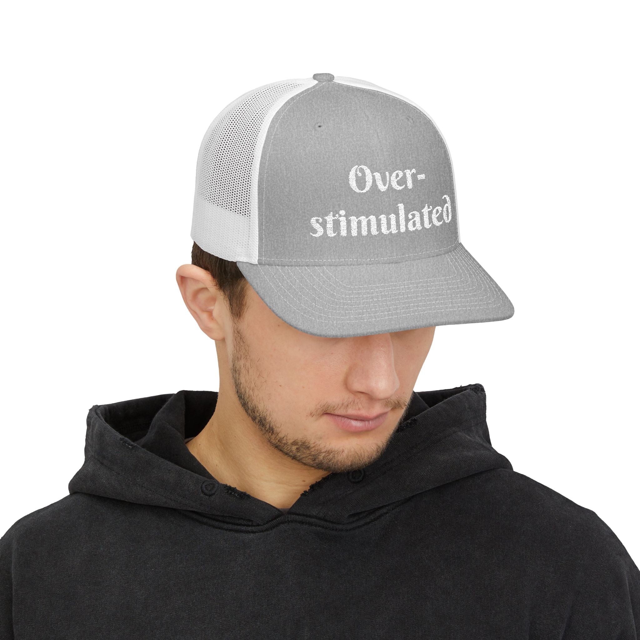 "Overstimulated" Embroidered Snapback Trucker Cap, Funny Cap for Anxiety Relief, Gift for Mental Health Awareness, Casual Style, Unisex Hat