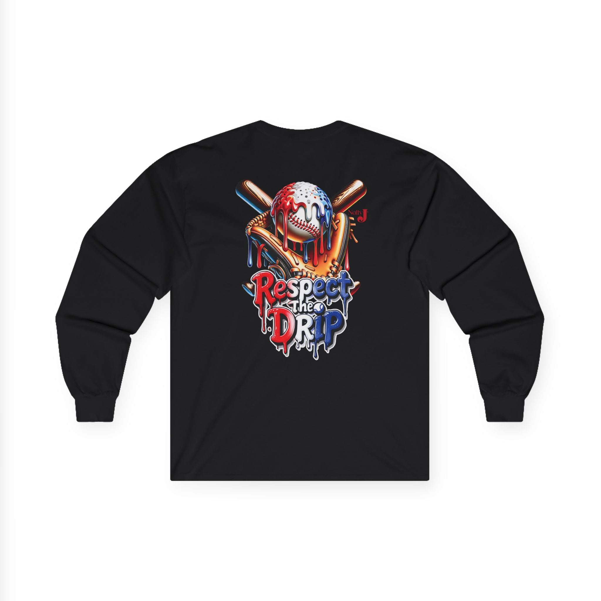 Respect the Drip Baseball Long Sleeve Shirt for Men – Patriotic Red White Blue Baseball Drip Graphic Tee | USA Sports Fan Shirt