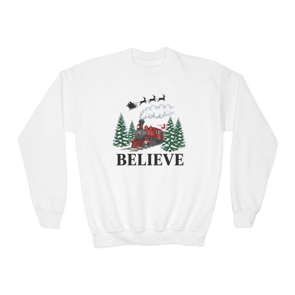Kids Believe Christmas Sweatshirt – Holiday Train & Santa Sleigh Graphic – Girls & Boys Christmas Crewneck – Cozy Winter Outfit for Children