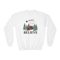 Kids Believe Christmas Sweatshirt – Holiday Train & Santa Sleigh Graphic – Girls & Boys Christmas Crewneck – Cozy Winter Outfit for Children