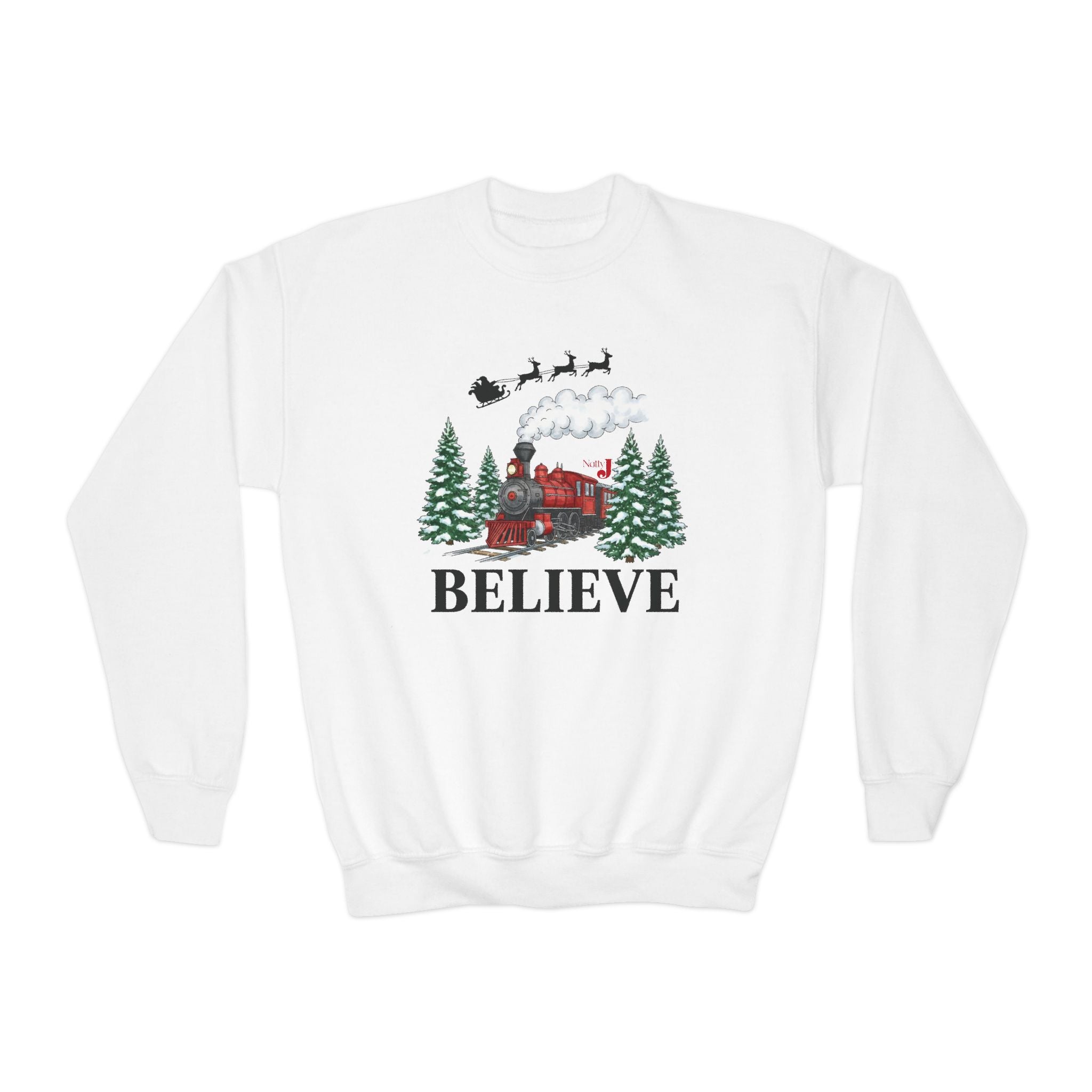 Kids Believe Christmas Sweatshirt – Holiday Train & Santa Sleigh Graphic – Girls & Boys Christmas Crewneck – Cozy Winter Outfit for Children