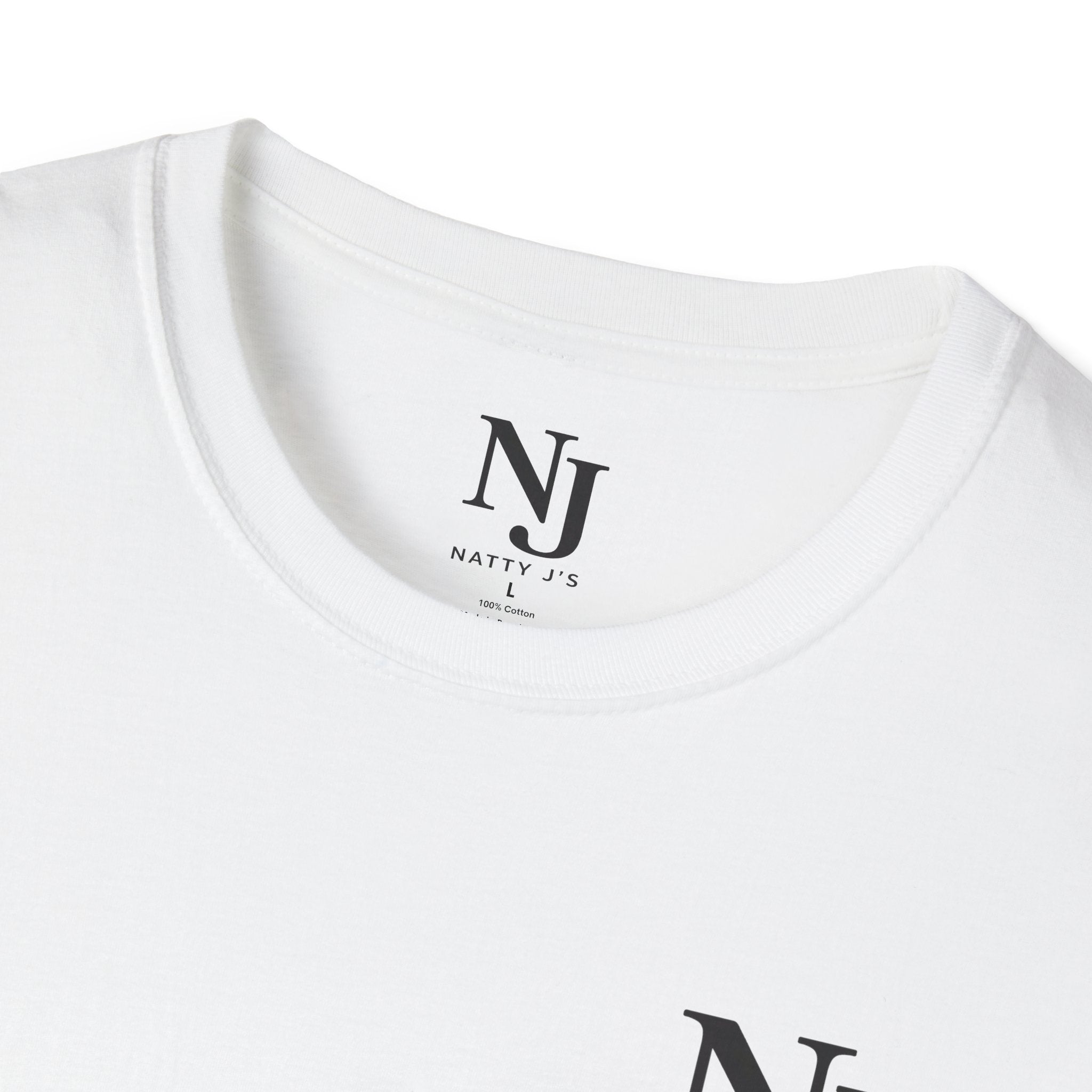White t-shirt with 'NJ' logo on a white background